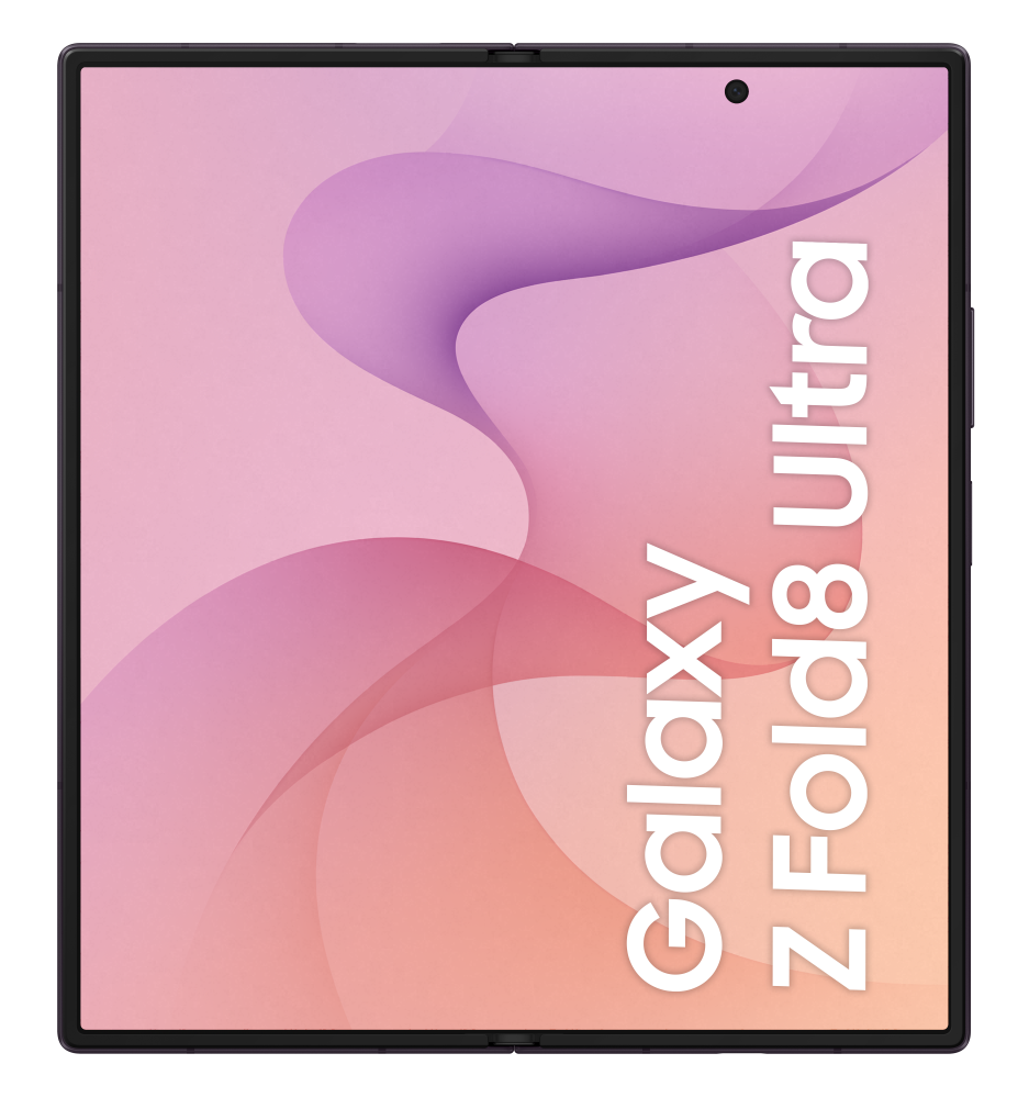 Otwarty telefon Galaxy Z Fold8 Ultra na fioletowo-brzoskwiniowym tle.