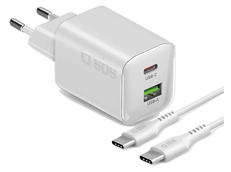 Zestaw ładujący (ładowarka sieciowa + kabel) SBS 30W GaN PD 3.0 1x USB-C USB-A kabel 1.5m Biały