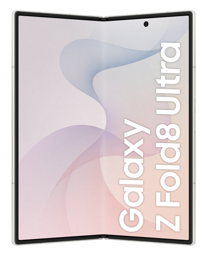 Otwarty, biały składany smartfon z napisem "Galaxy Z Fold8 Ultra".