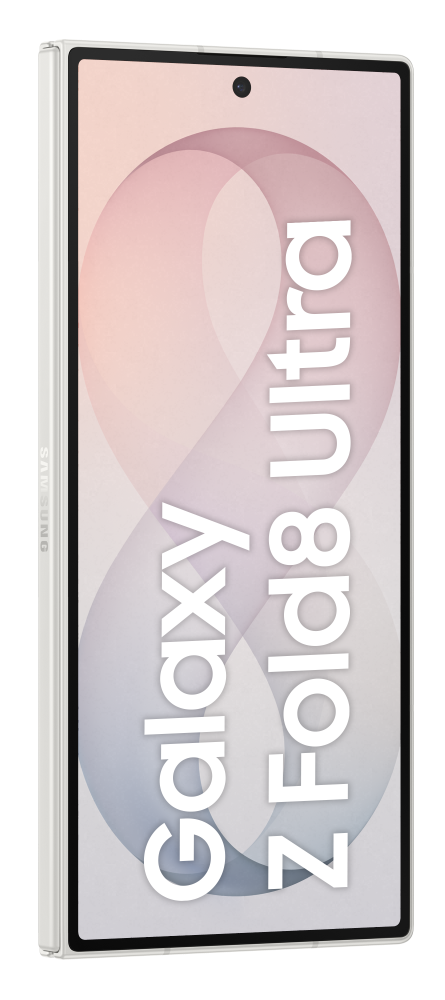 Biały smartfon Samsung Galaxy Z Fold 8 Ultra na jasnym tle.