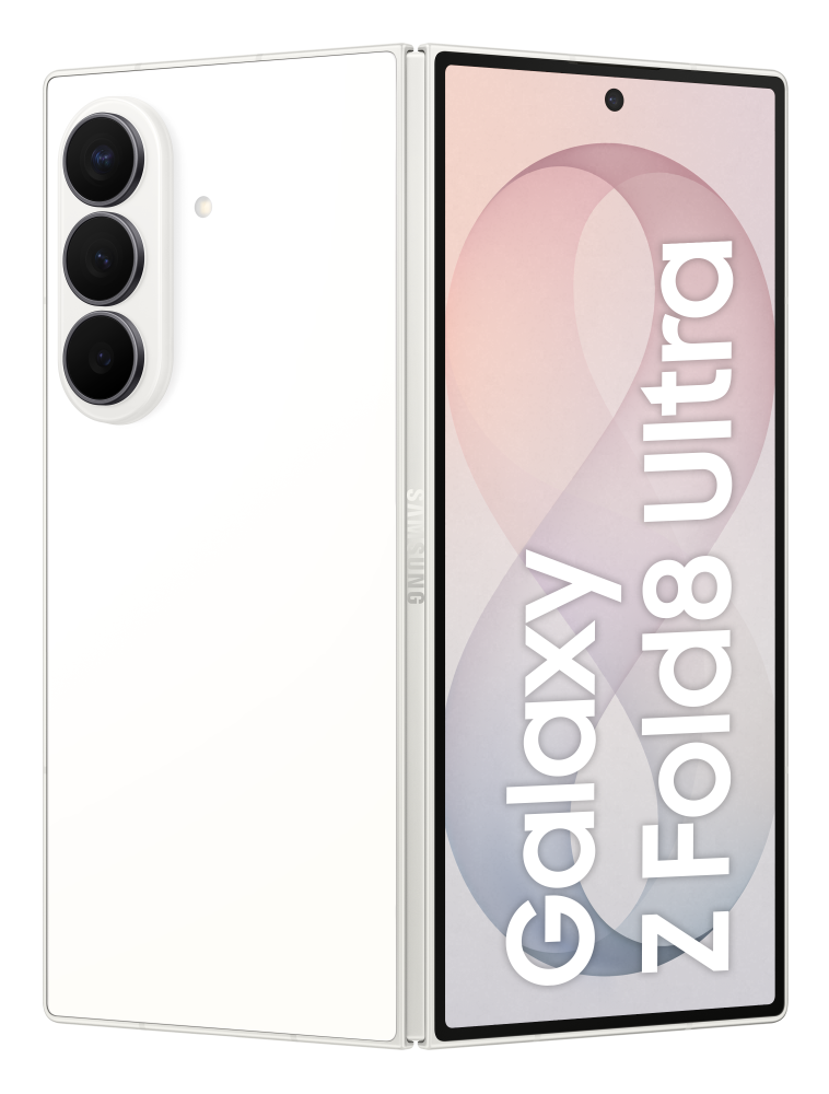 Biały, rozłożony smartfon Samsung Galaxy Z Fold8 Ultra.