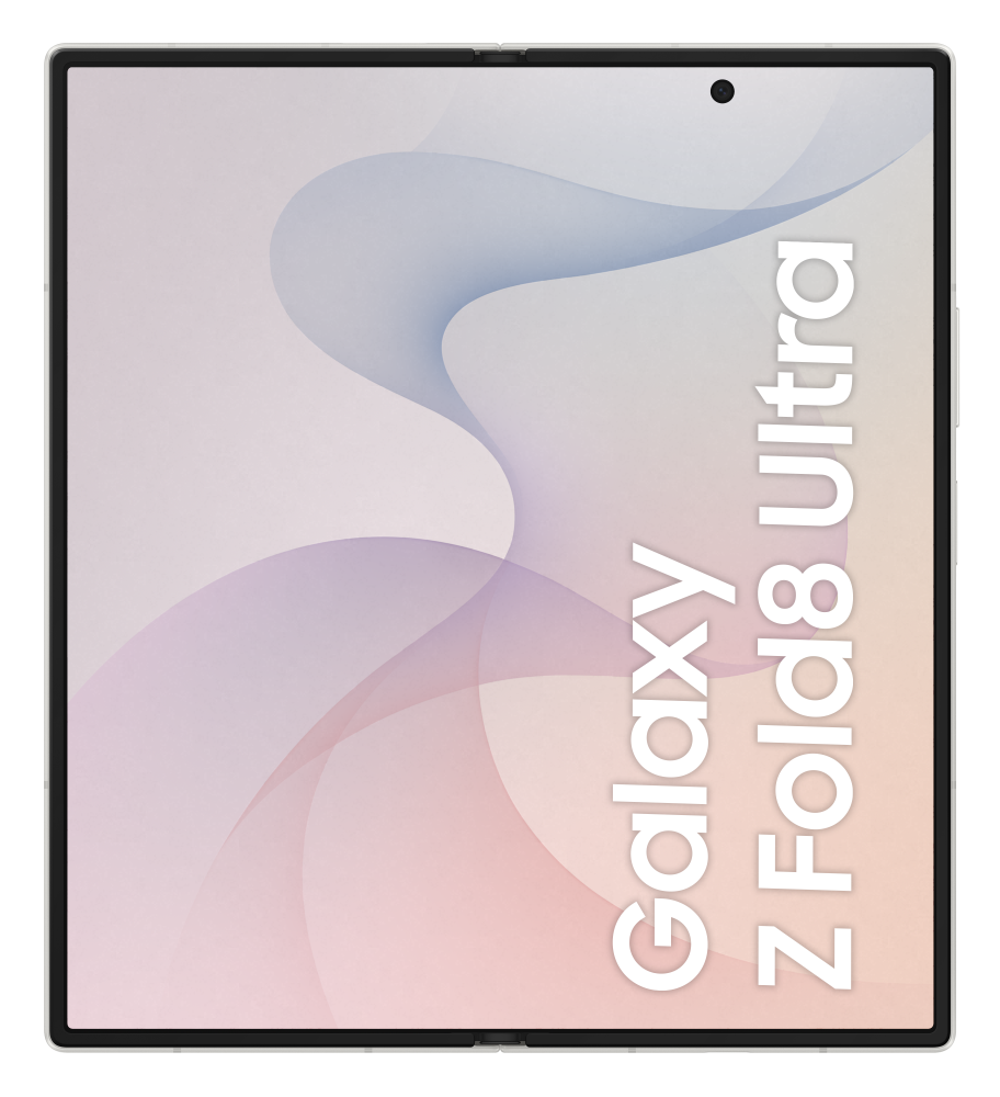 Smartfon z napisem 'Galaxy Z Fold8 Ultra' i stylizowanym wzorem fal.