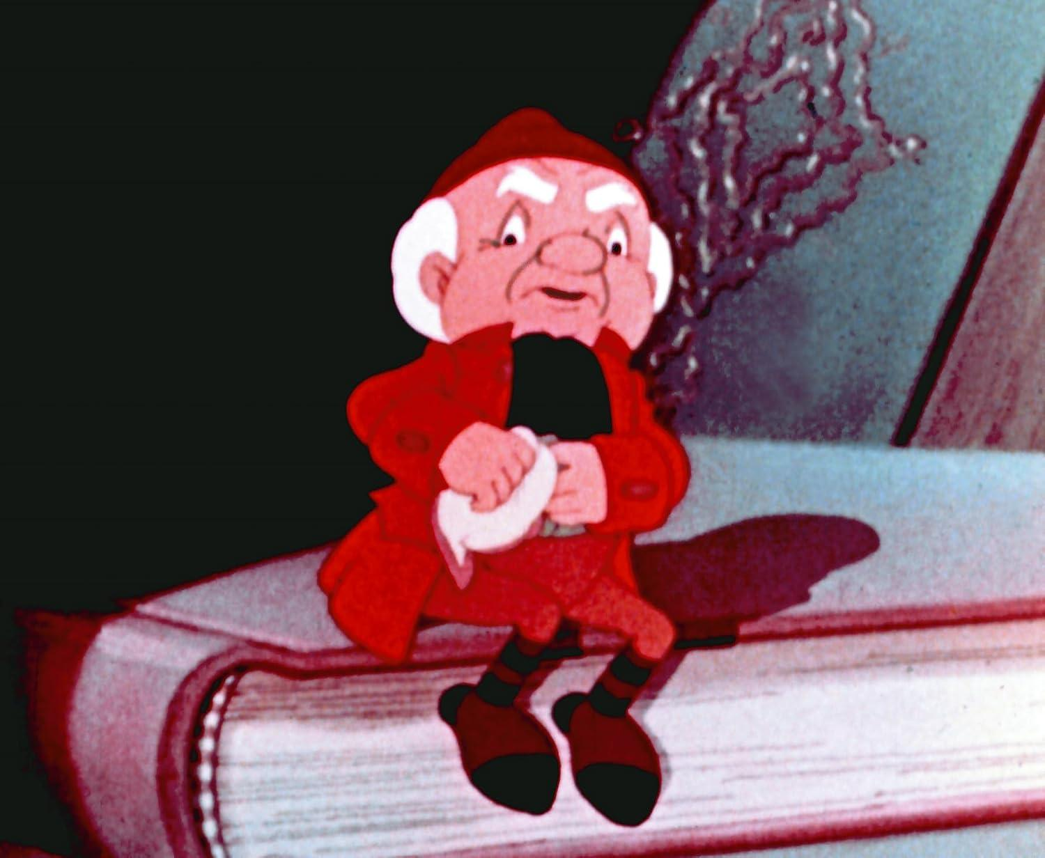 Ein Cartoon-Männchen mit rotem Hut und Mantel sitzt auf einem Buch.
