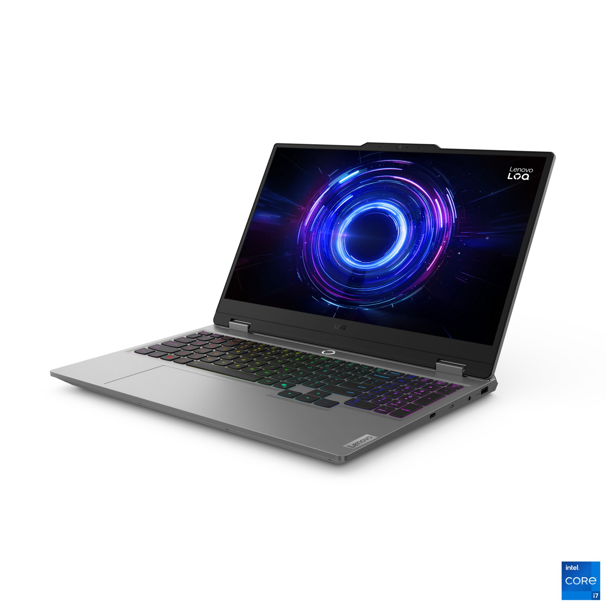 Arkadan aydınlatmalı klavyeli ve dinamik duvar kağıtlı gri Lenovo dizüstü bilgisayar.