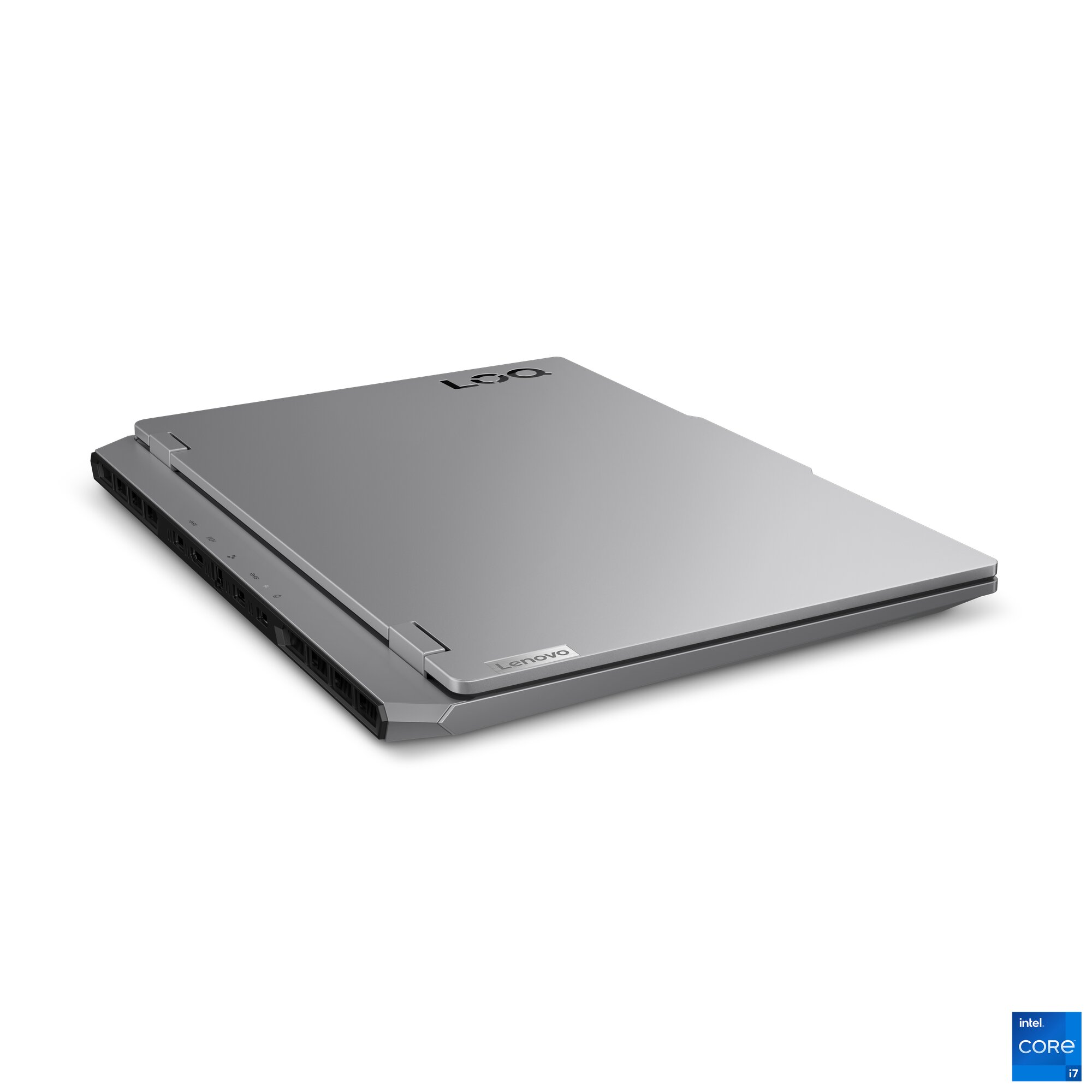 LOQ logosu ve Intel Core i7 etiketi bulunan kapalı gümüş Lenovo dizüstü bilgisayar.