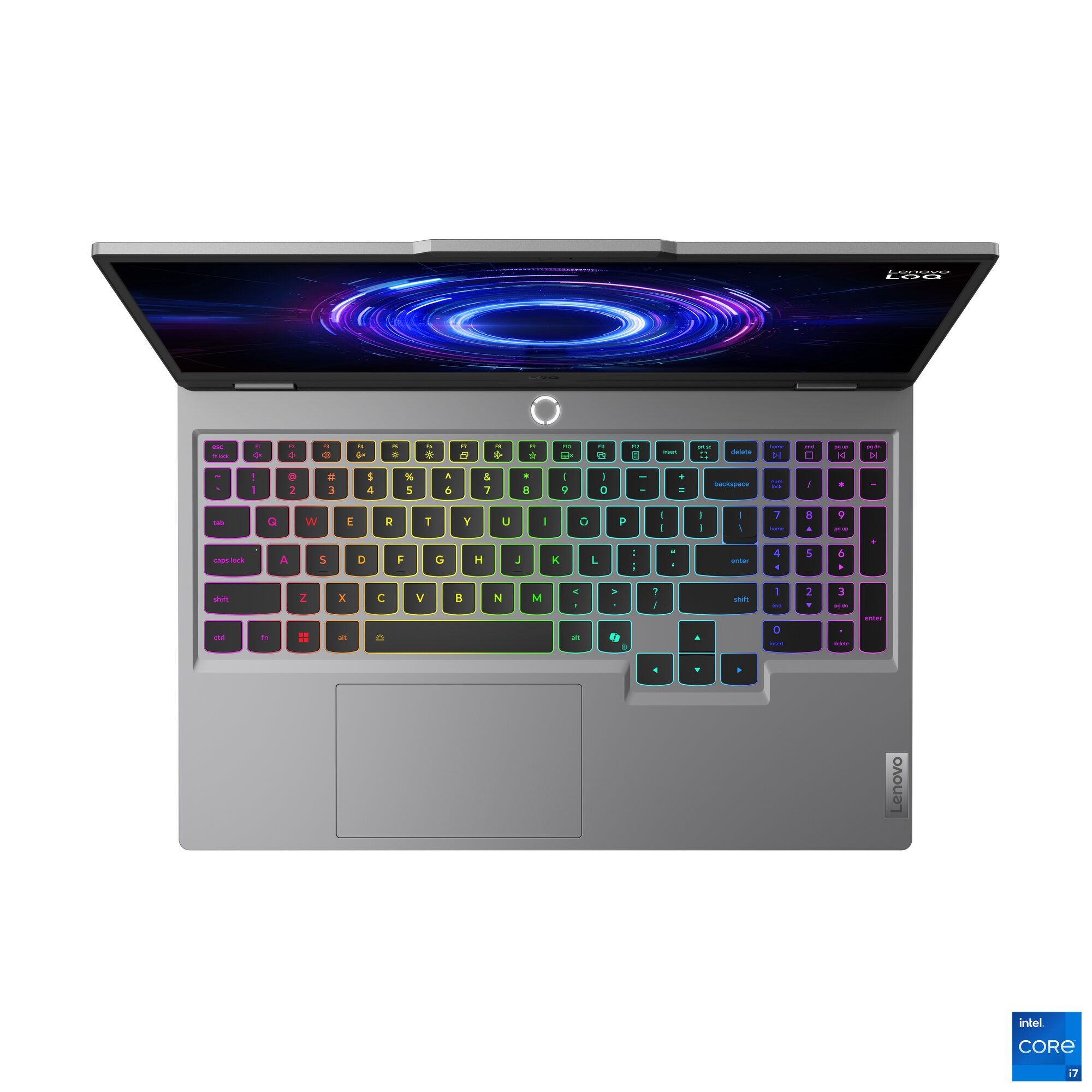 Renkli klavyeli ve ışıklı ekranlı gümüş Lenovo dizüstü bilgisayarın üstten görünümü.