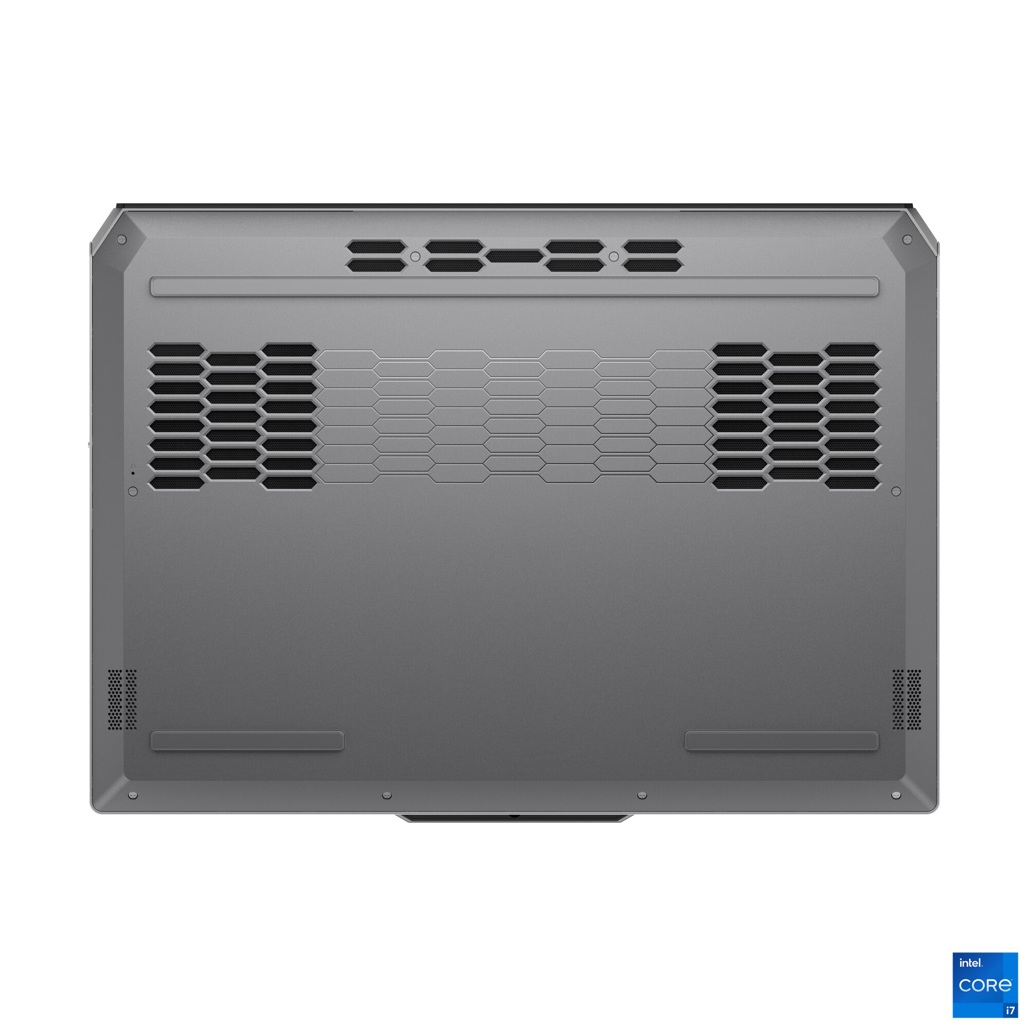 Havalandırma yuvaları ve Intel Core i7 etiketi olan gri dizüstü bilgisayarın altı.