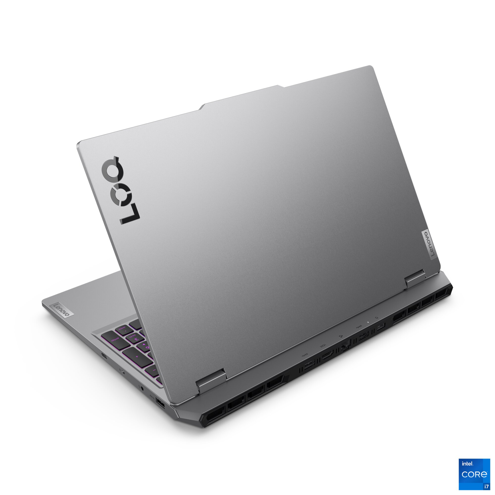 Arkadan aydınlatmalı klavyeli ve bağlantı noktalarına sahip gri Lenovo dizüstü bilgisayar.