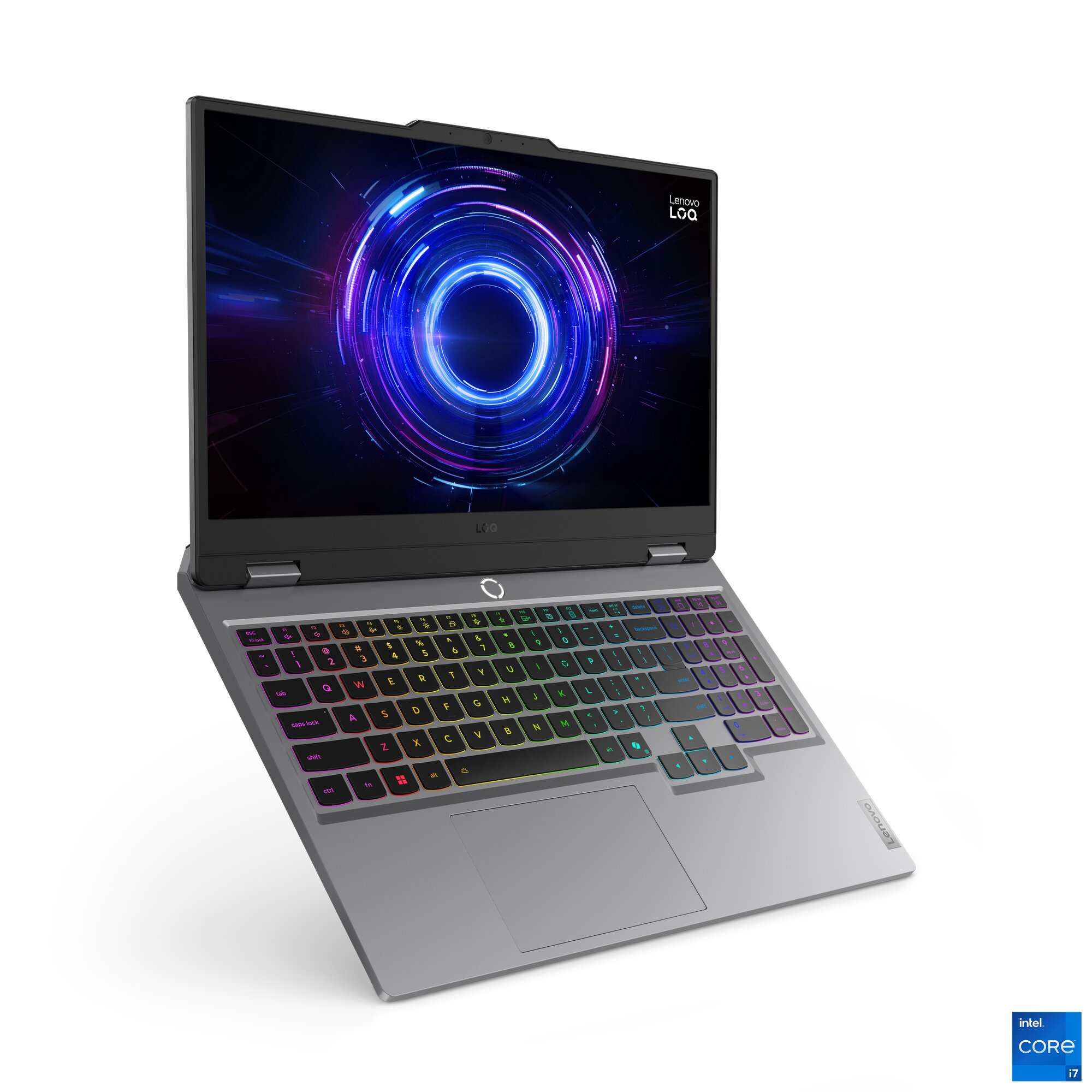 Arkadan aydınlatmalı klavyeli ve dinamik ekranlı gri Lenovo LOQ oyuncu dizüstü bilgisayarı.