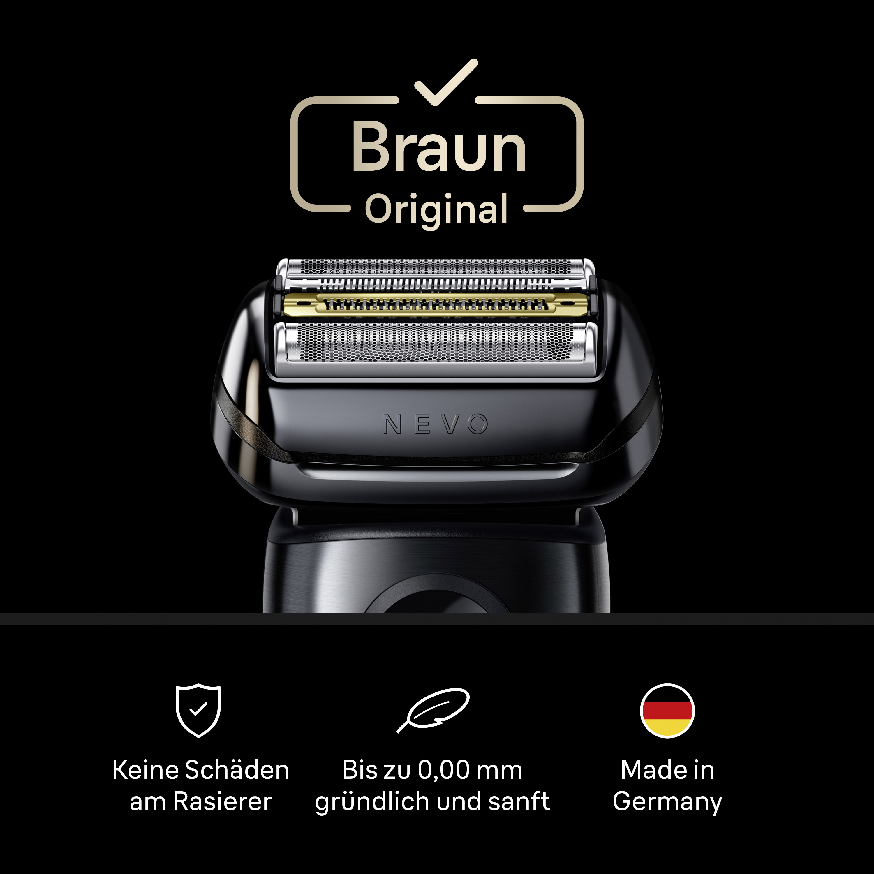 Braun Rasiererkopf mit "Braun Original" Logo und drei Icons: Schild, Feder, Deutschlandflagge.