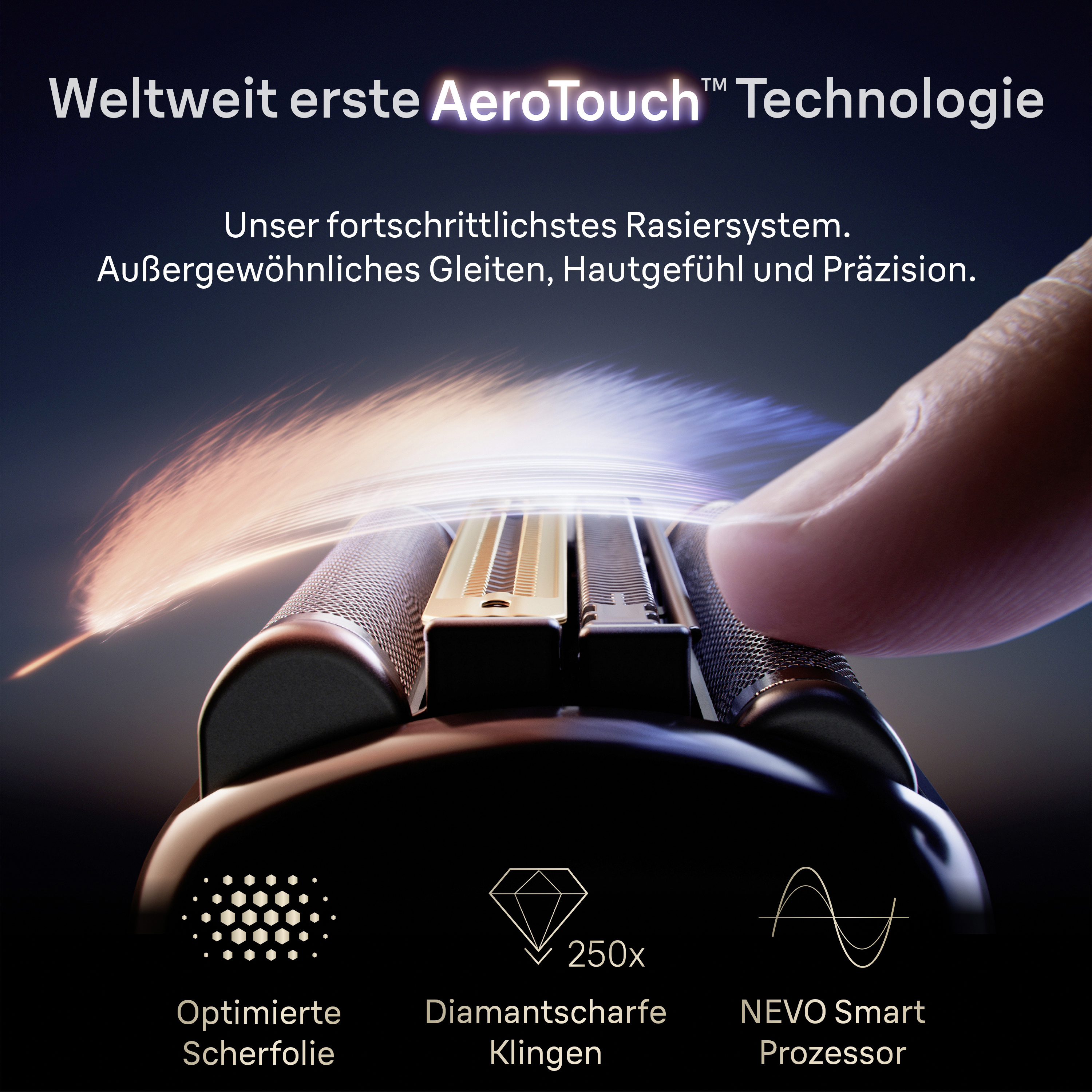 Ein Finger berührt einen fortschrittlichen Rasierer mit AeroTouch Technologie.