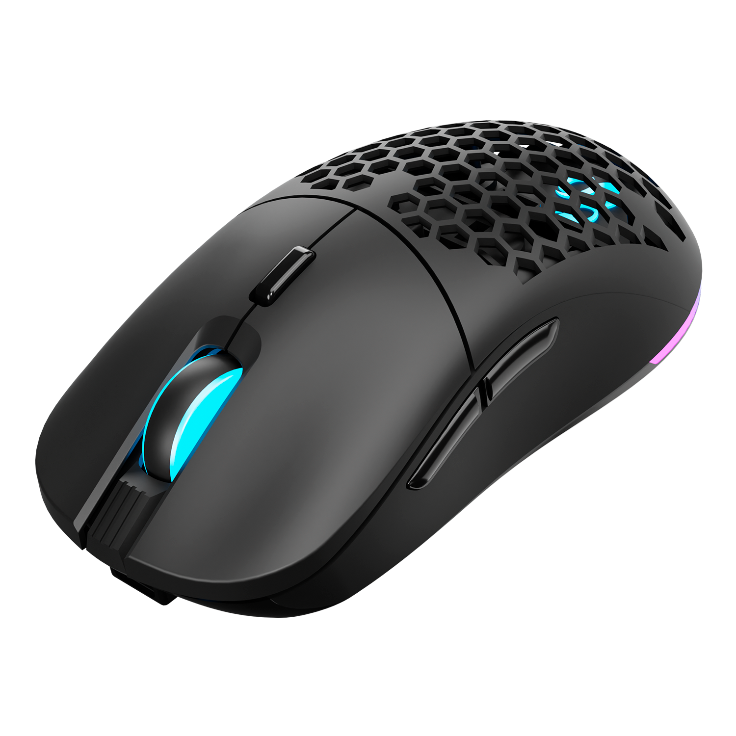 Ratón gaming negro con rueda de scroll azul brillante y patrón de panal.