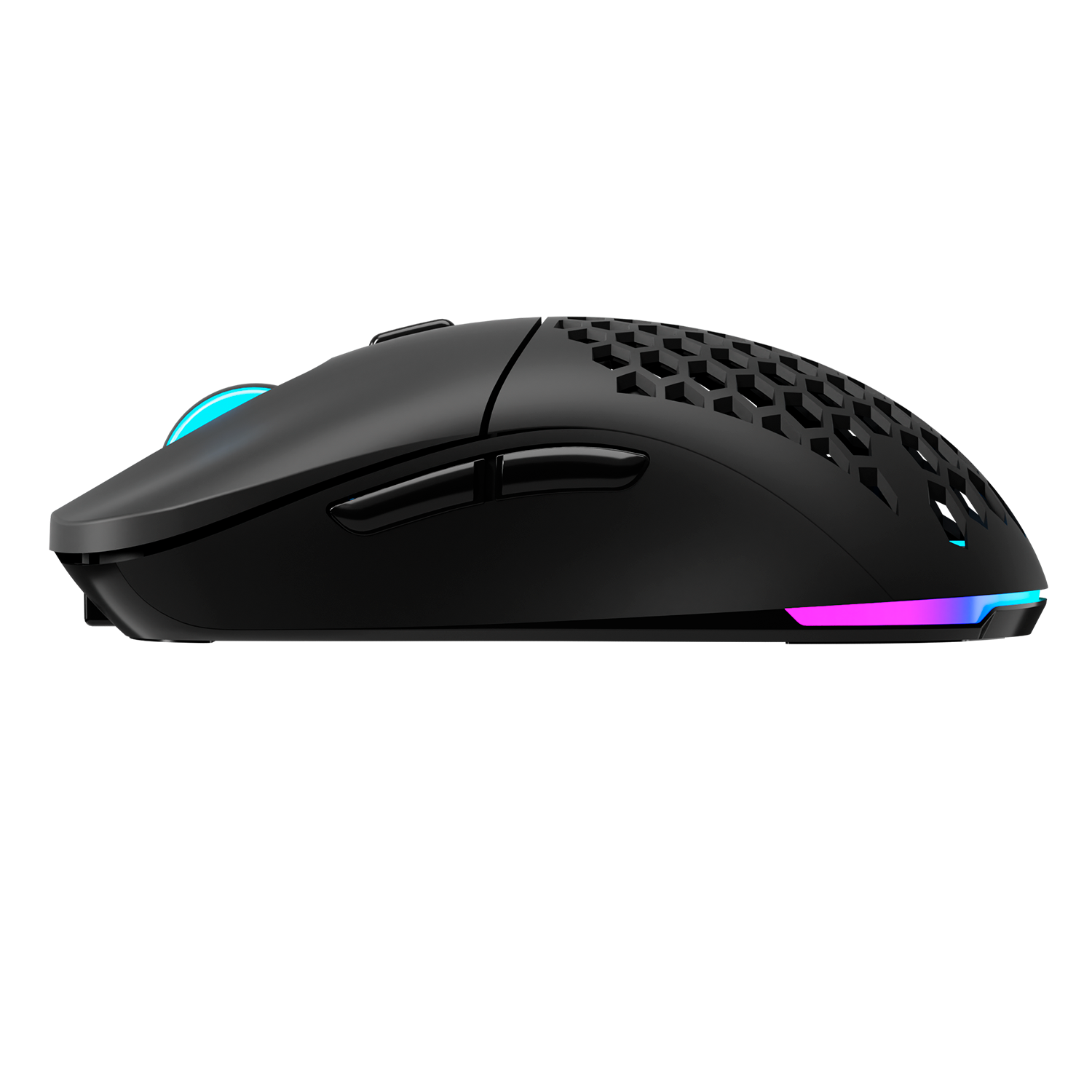 Ratón gaming negro con patrón de panal y luces RGB de colores al frente y atrás.