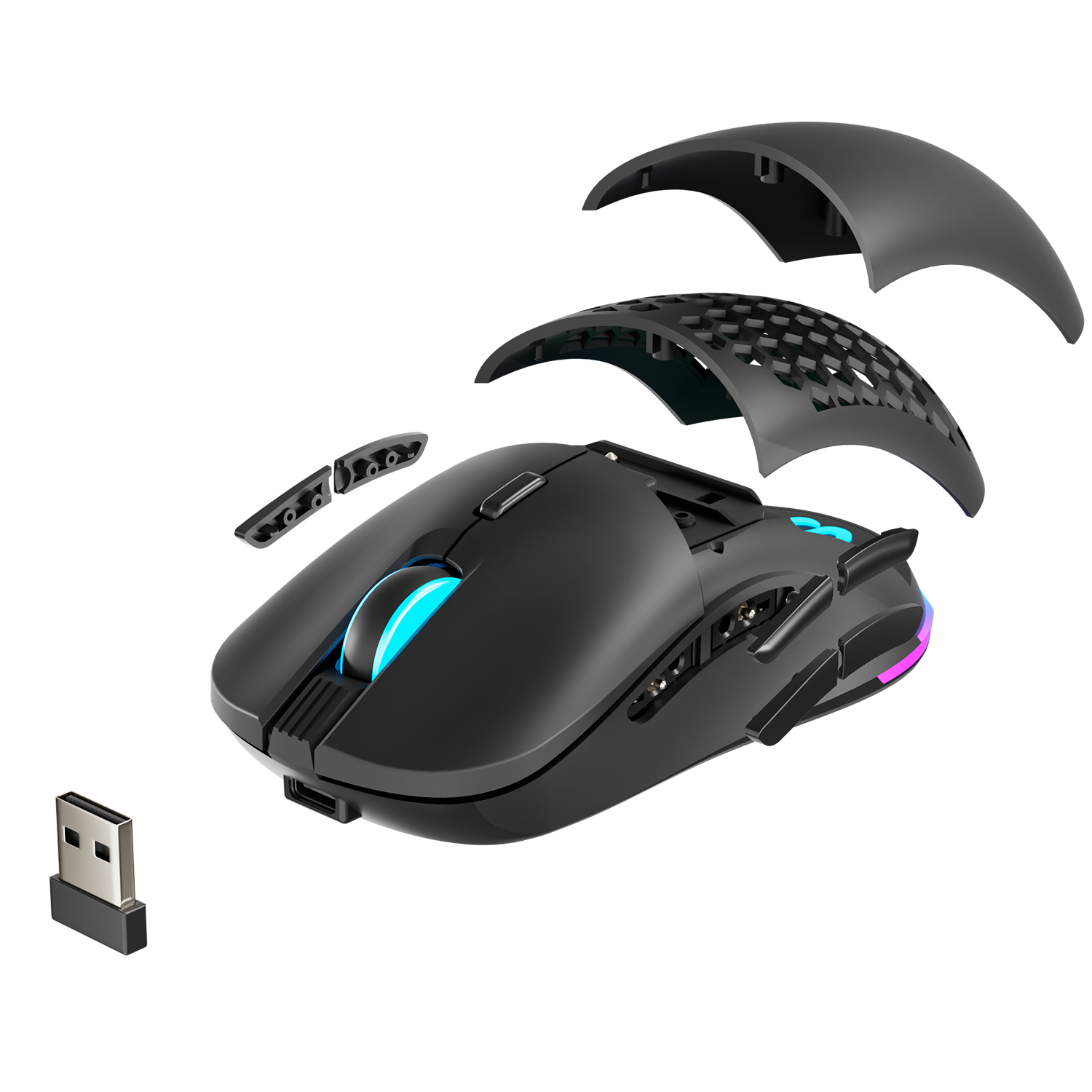 Vista explosionada de un ratón gaming negro con iluminación RGB y receptor USB.