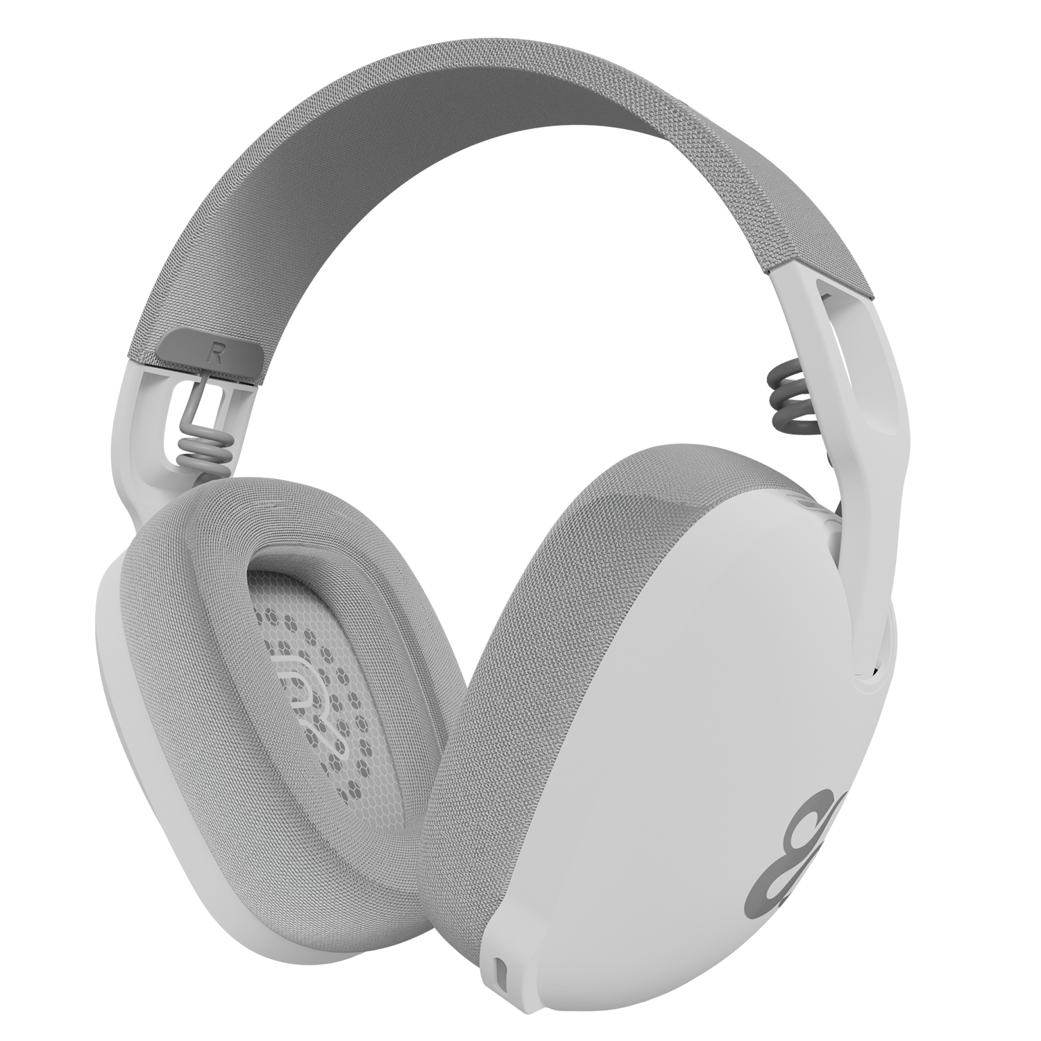 Auriculares blancos con almohadillas y diadema grises, fondo negro.