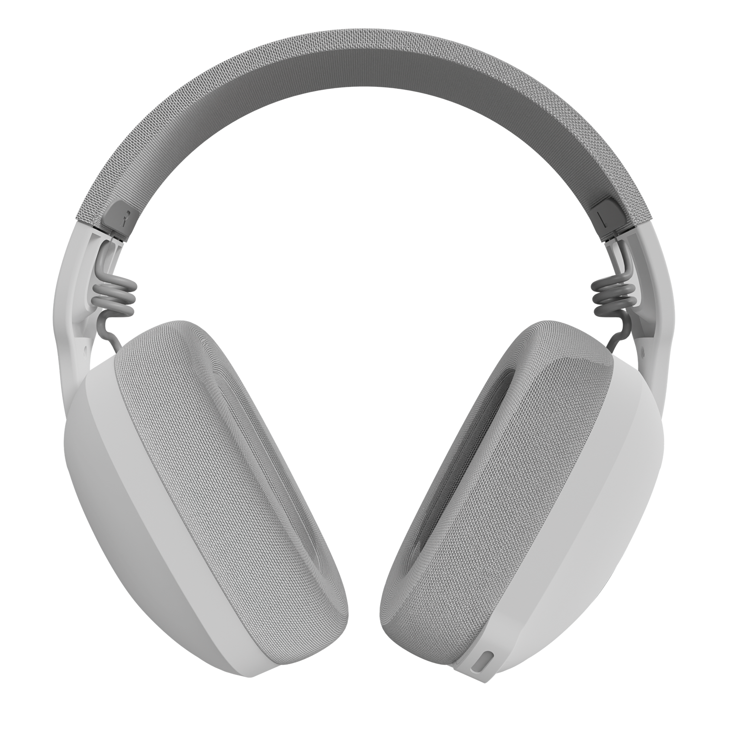 Auriculares blancos con tela gris sobre fondo negro.
