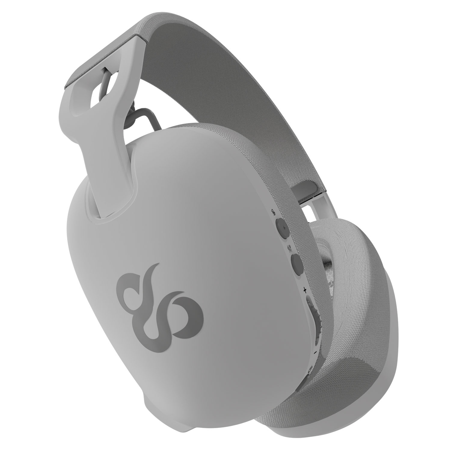 Auriculares grises con diadema de tela y logo, sobre fondo negro.
