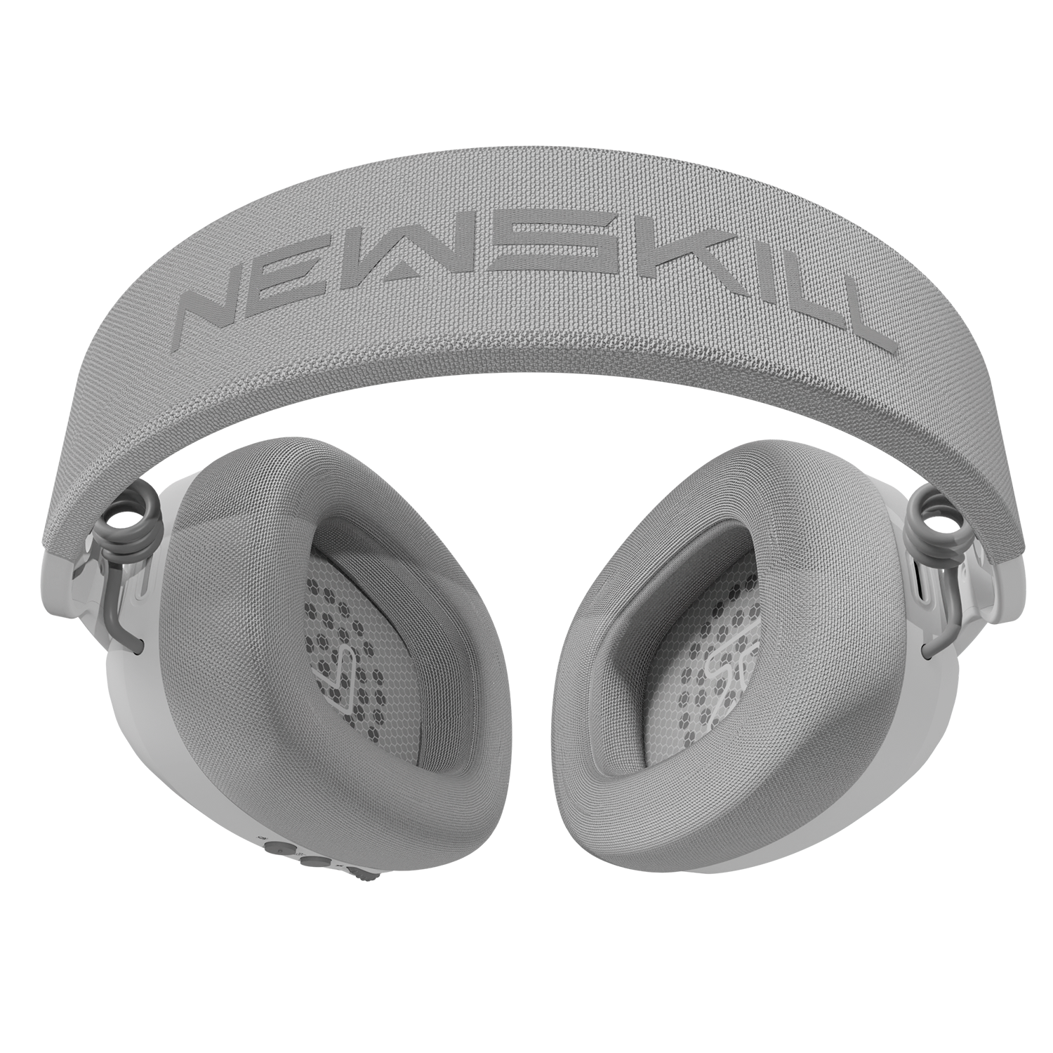 Auriculares grises con diadema de tela y logo.
