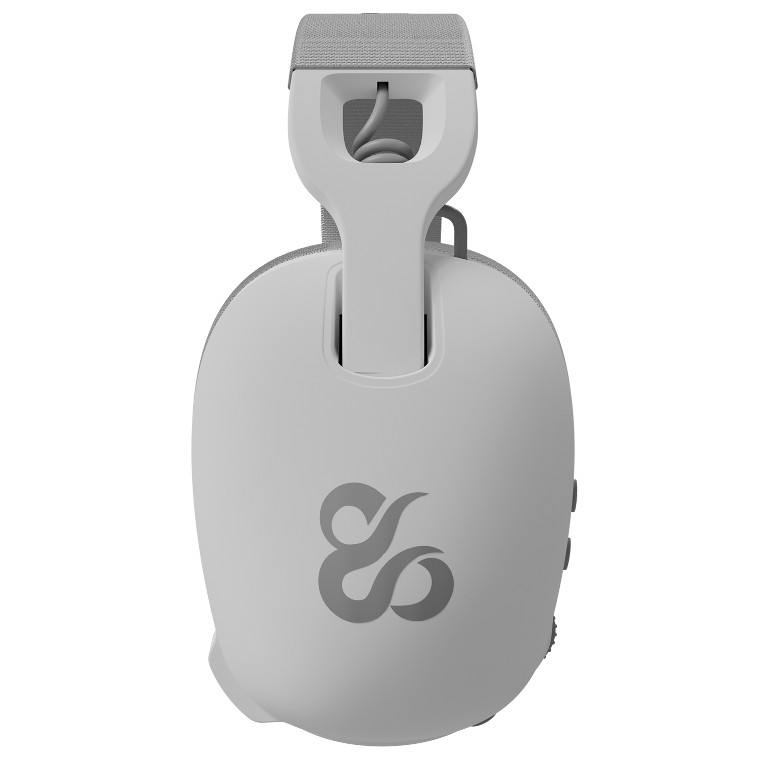 Auriculares grises con diadema de tela y logo. Botones blancos y grises en el lateral.