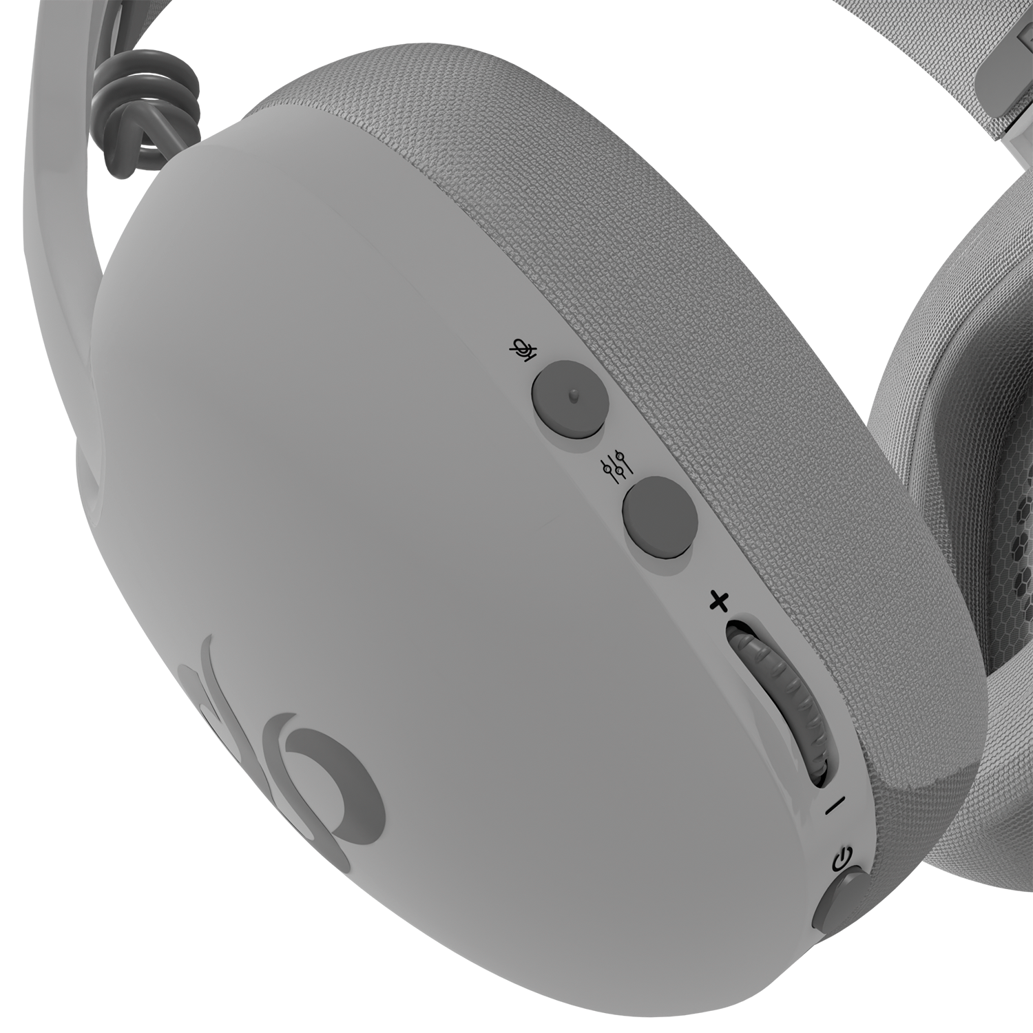 Auriculares grises con controles y dial de volumen.