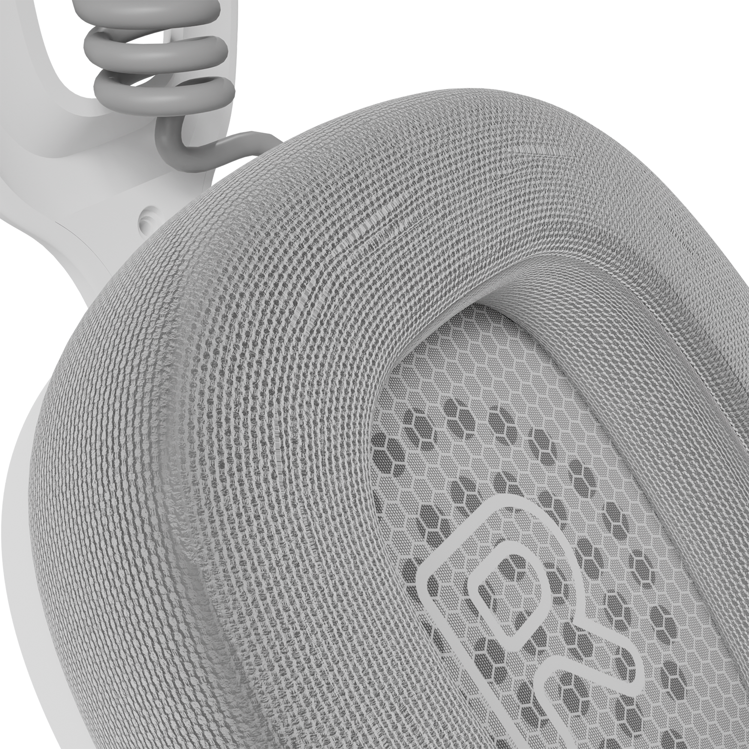 Auricular de casco gris con textura de malla y un gran símbolo R.