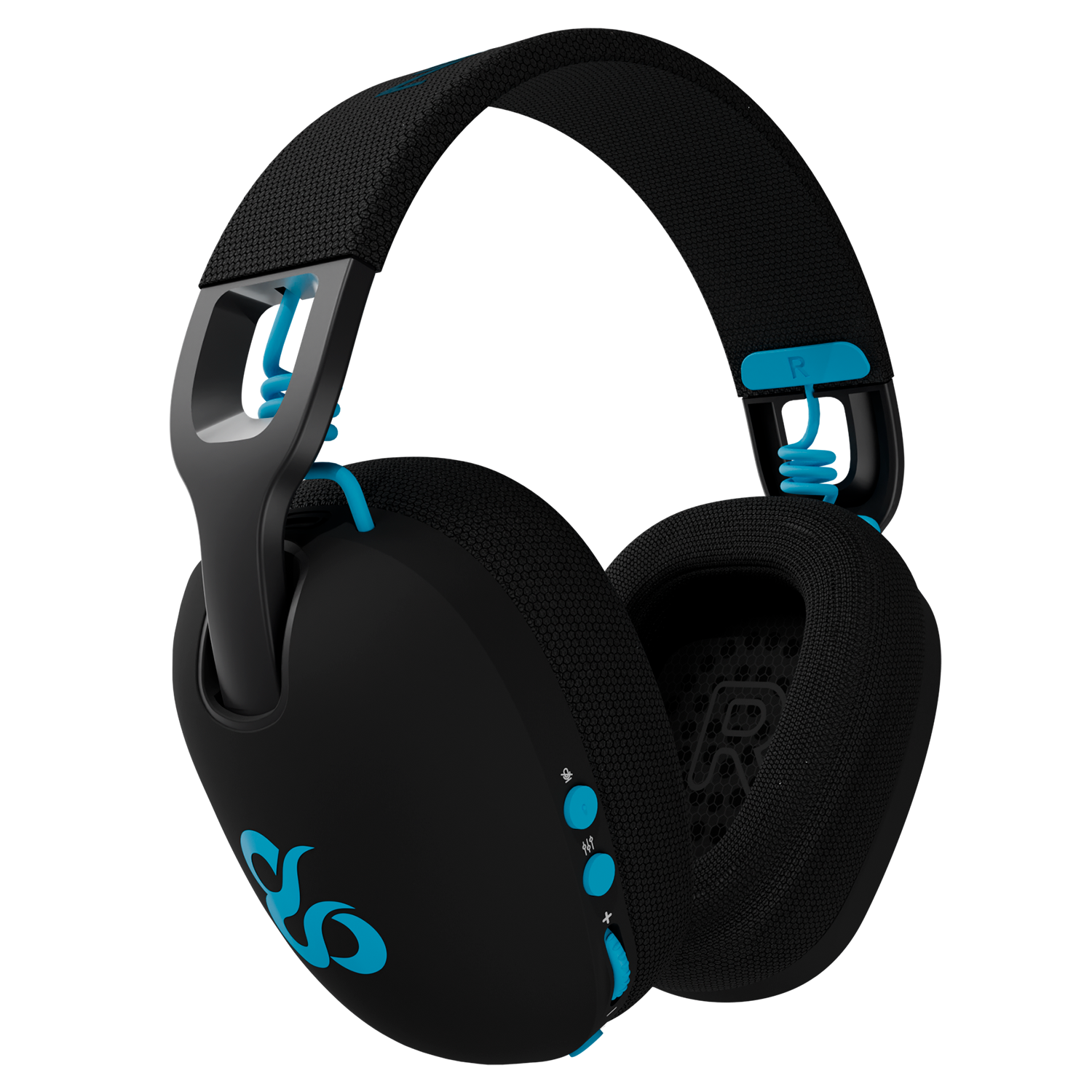 Auriculares negros con detalles azules y logo sobre fondo negro.