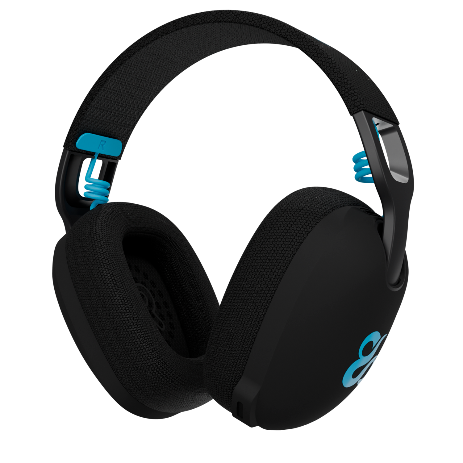 Auriculares negros con detalles azules y logo en el auricular derecho.