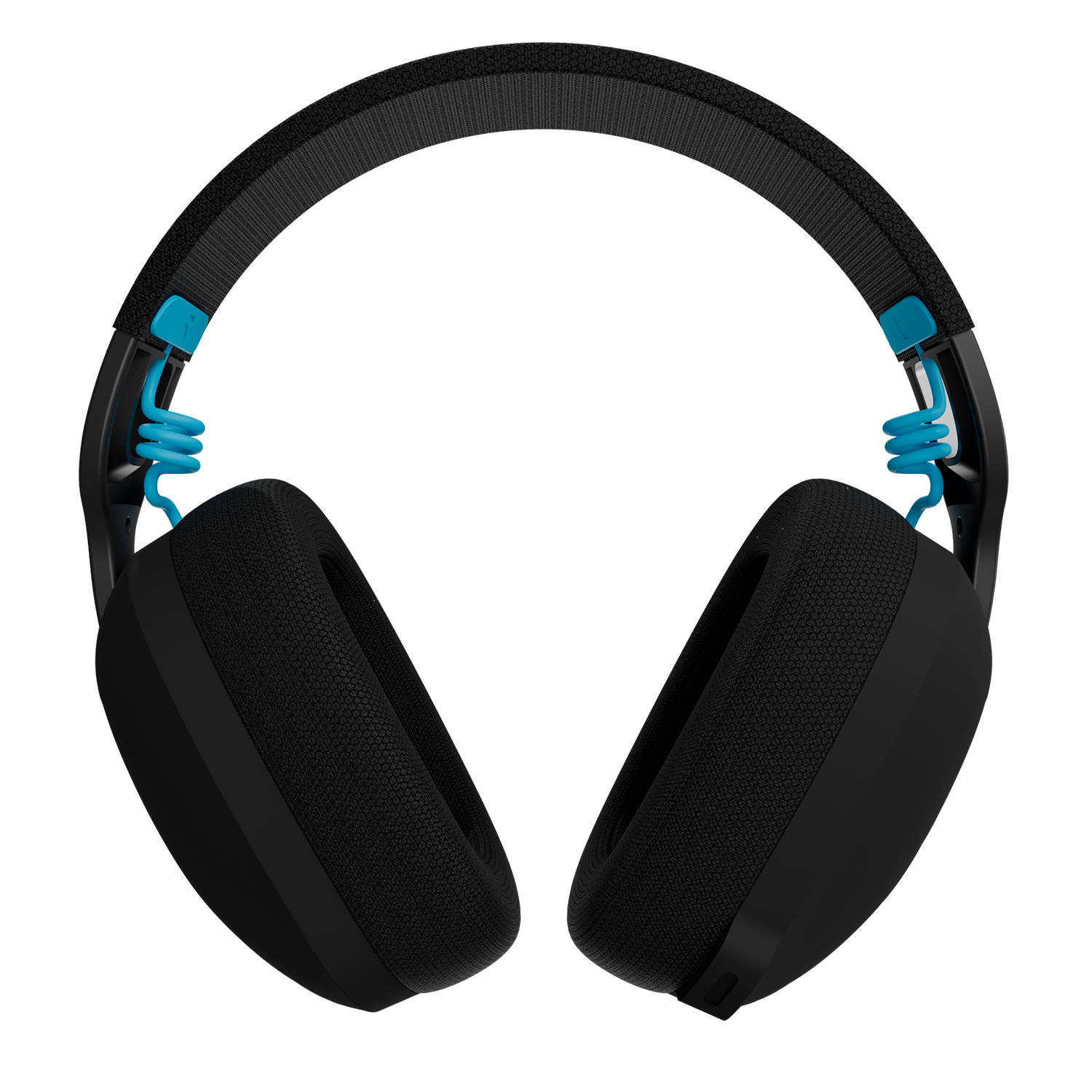 Auriculares negros con acento azul y diadema de tela.