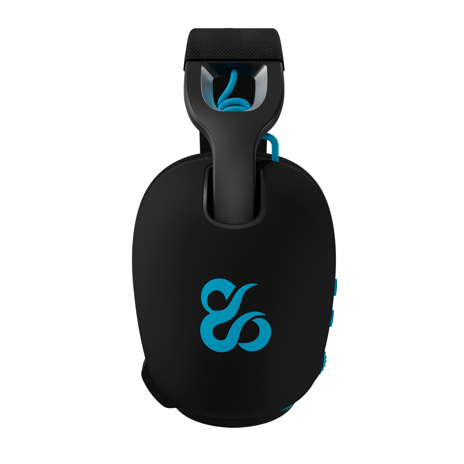 Auriculares negros con logo azul y cable azul.