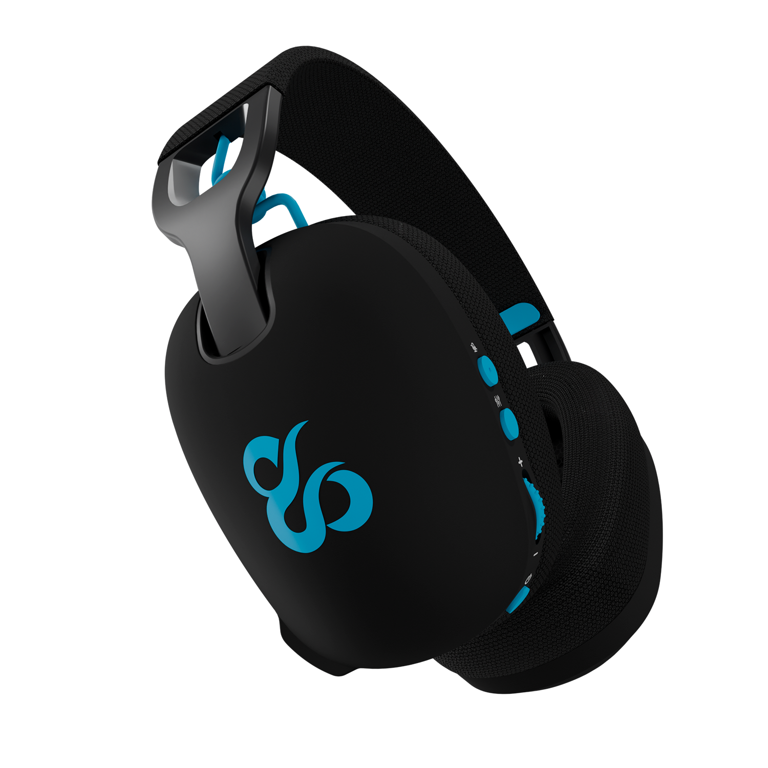 Auriculares negros con logo azul, diadema y botones azules.