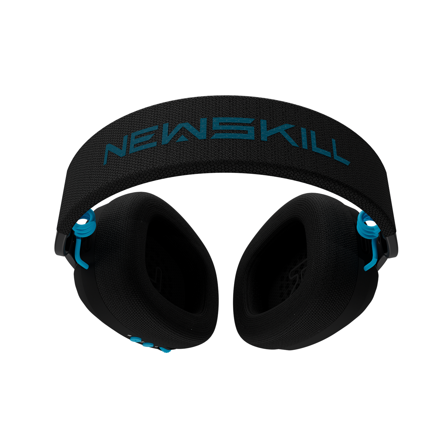 Auriculares negros con logo azul y detalles azules sobre fondo negro.