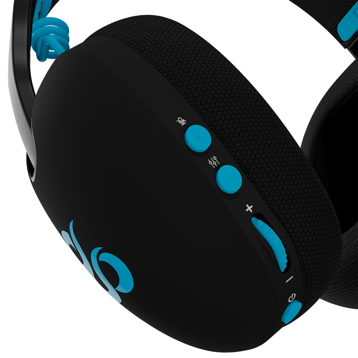 Auriculares negros con detalles azules y logo. Controles de volumen y botón de encendido visibles.