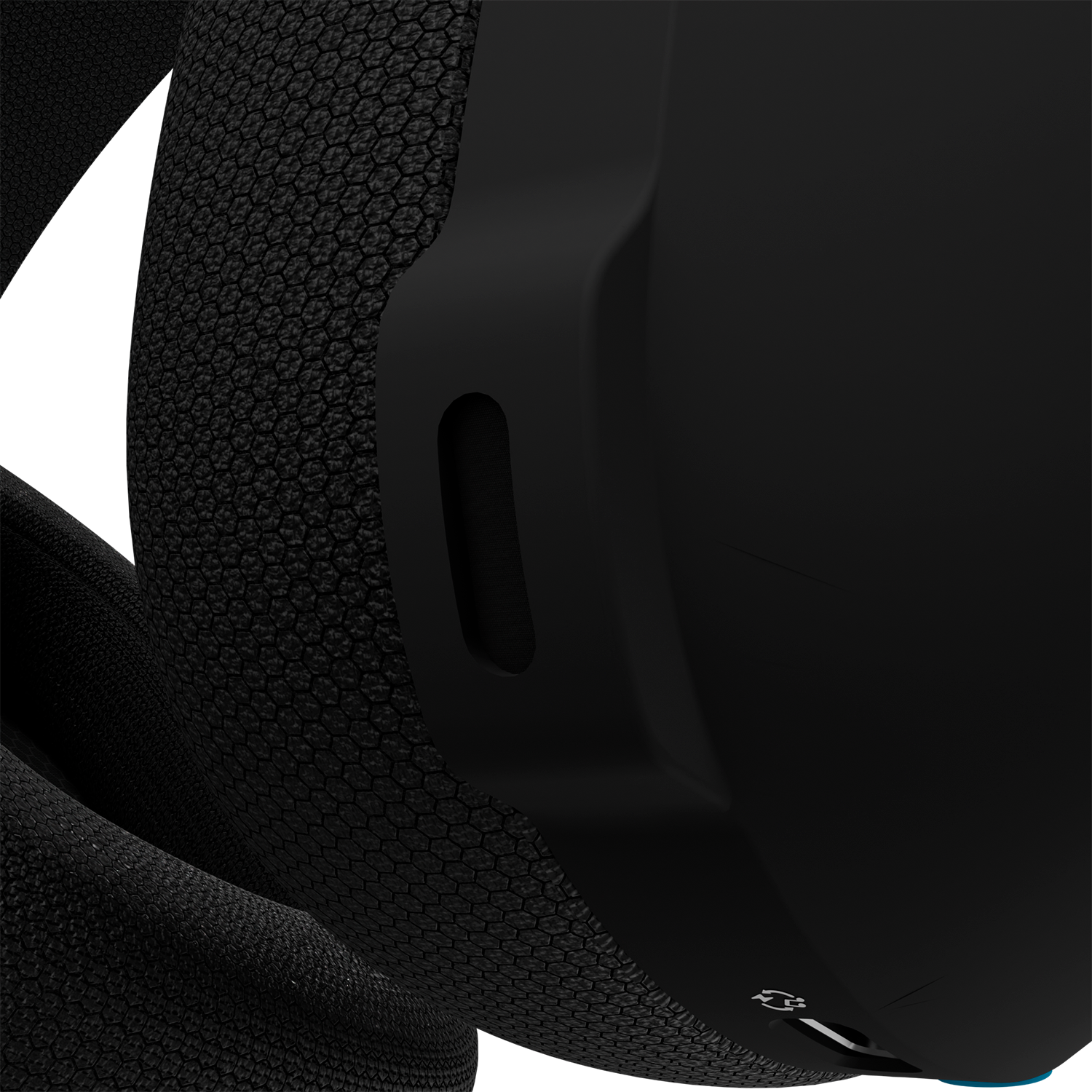 Auriculares negros con patrón de panal y superficies lisas. Se ve un acento azul.