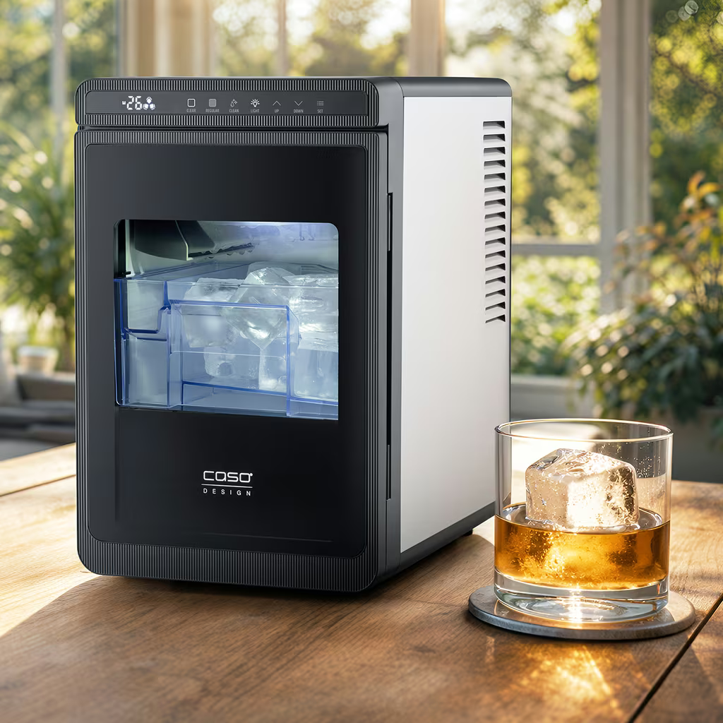 Ein schwarzer Eiswürfelbereiter neben einem Glas Whisky mit einem Eiswürfel. Draußen ist es sonnig.