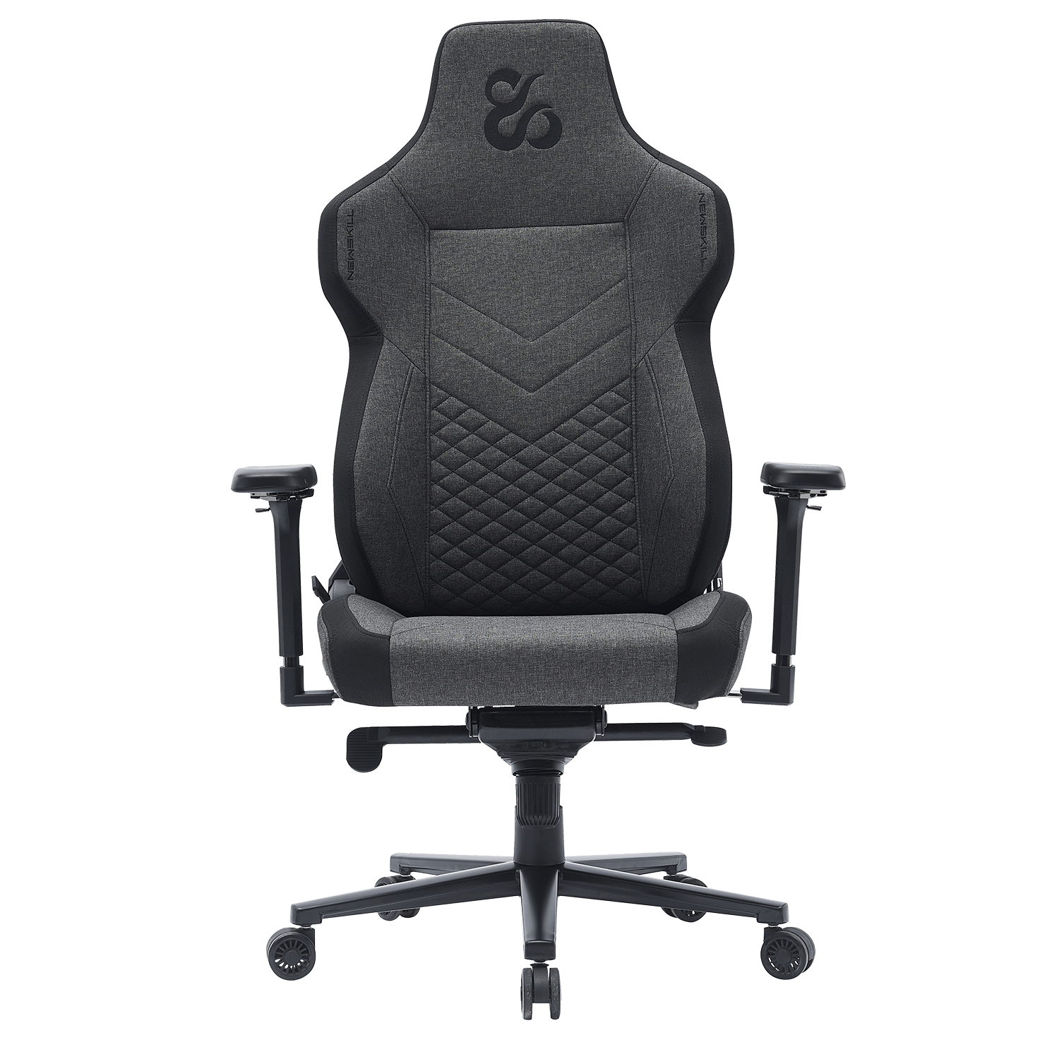 Silla gamer gris con base y ruedas negras.