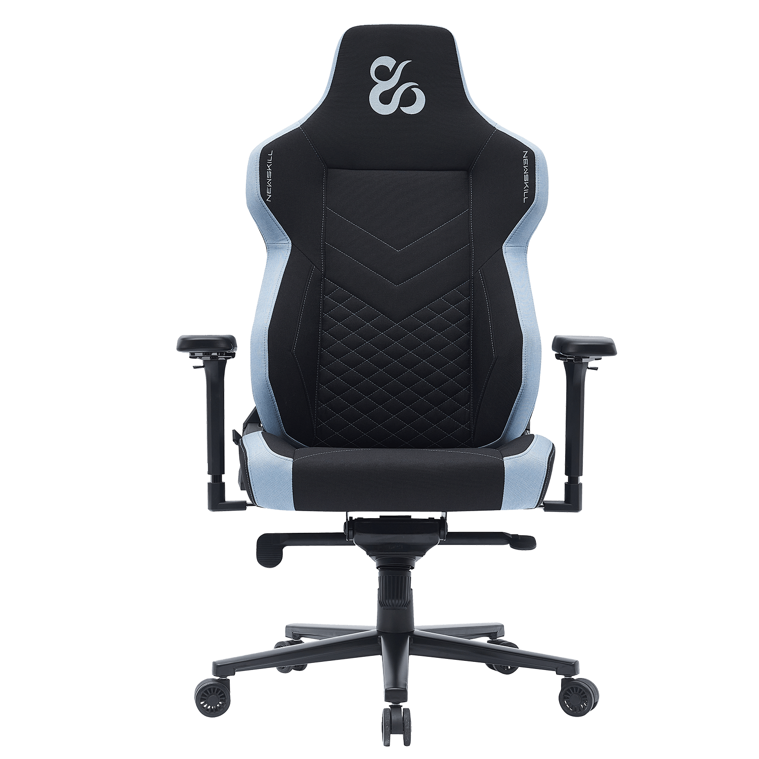 Silla gaming negra y azul claro con reposabrazos y base de estrella.