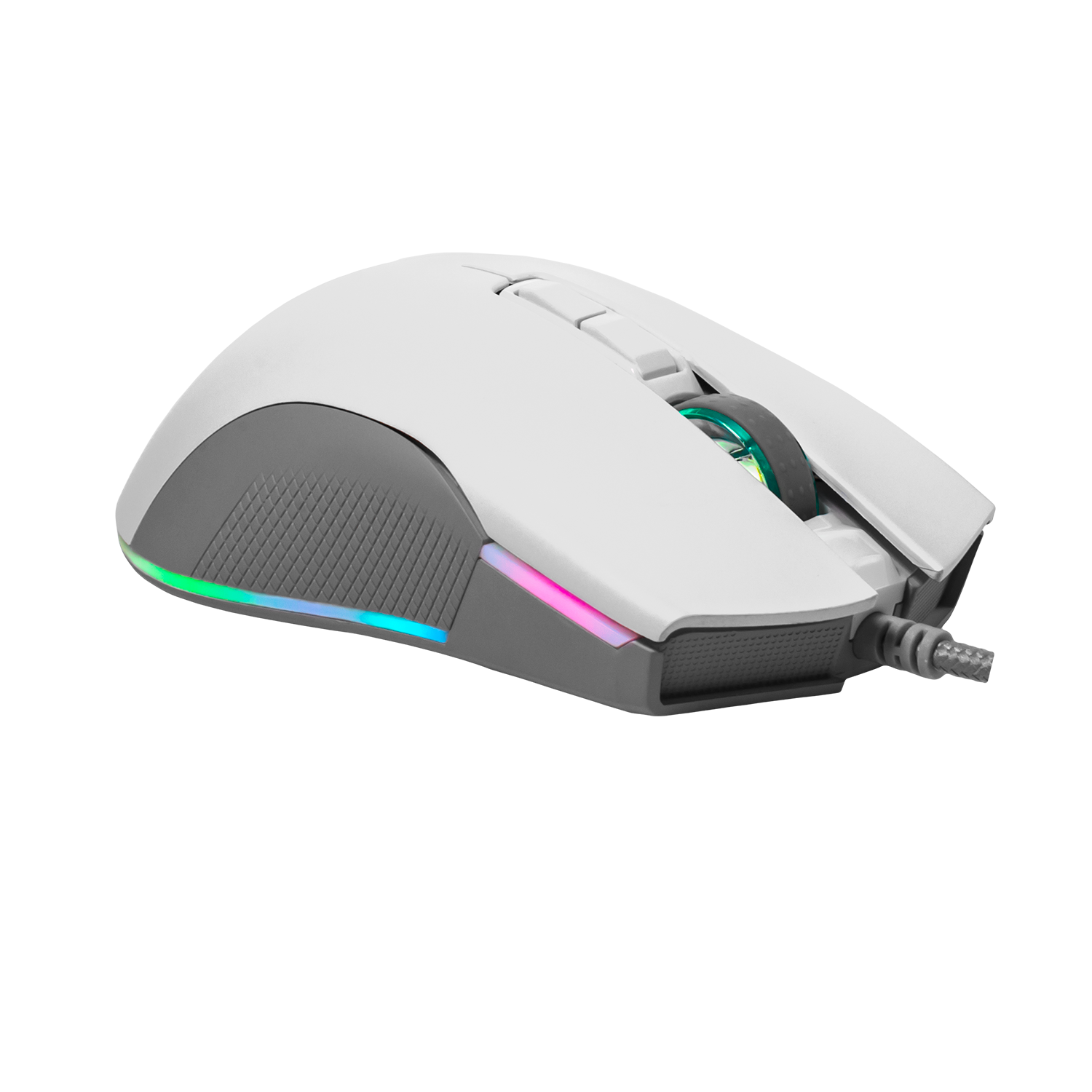 Un ratón gaming blanco con detalles grises y luces RGB.