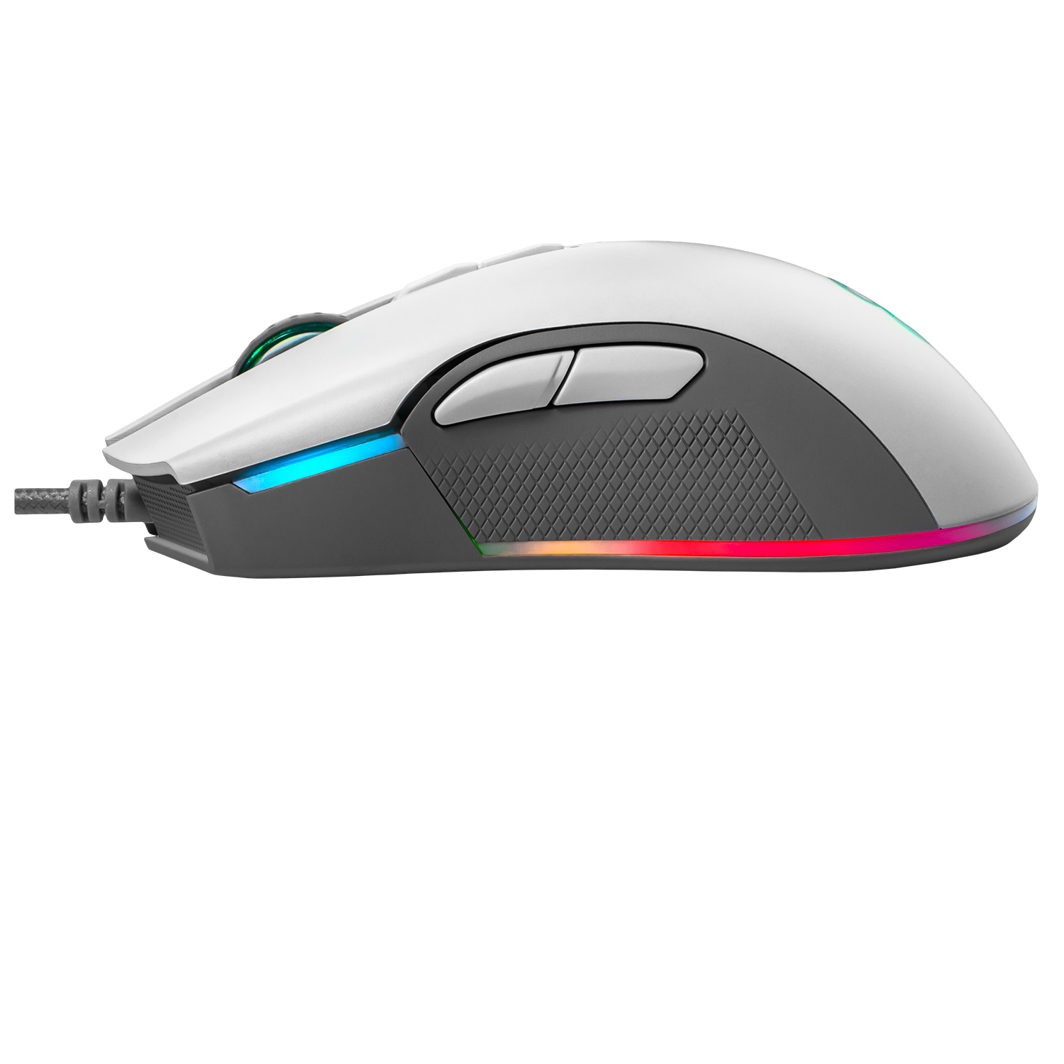 Un ratón blanco para juegos con iluminación RGB y cable negro.