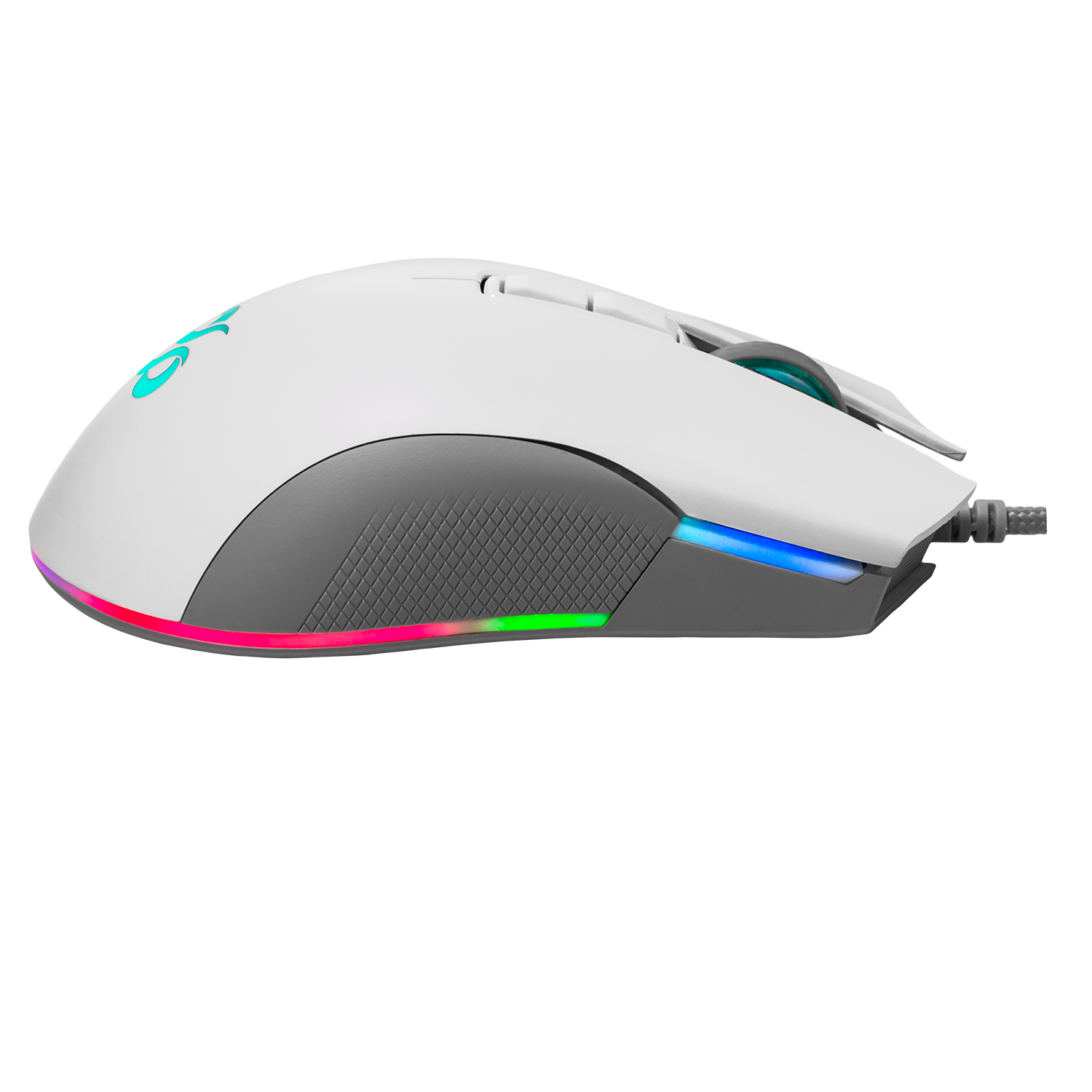 Un ratón gaming blanco con detalles grises e iluminación RGB colorida.