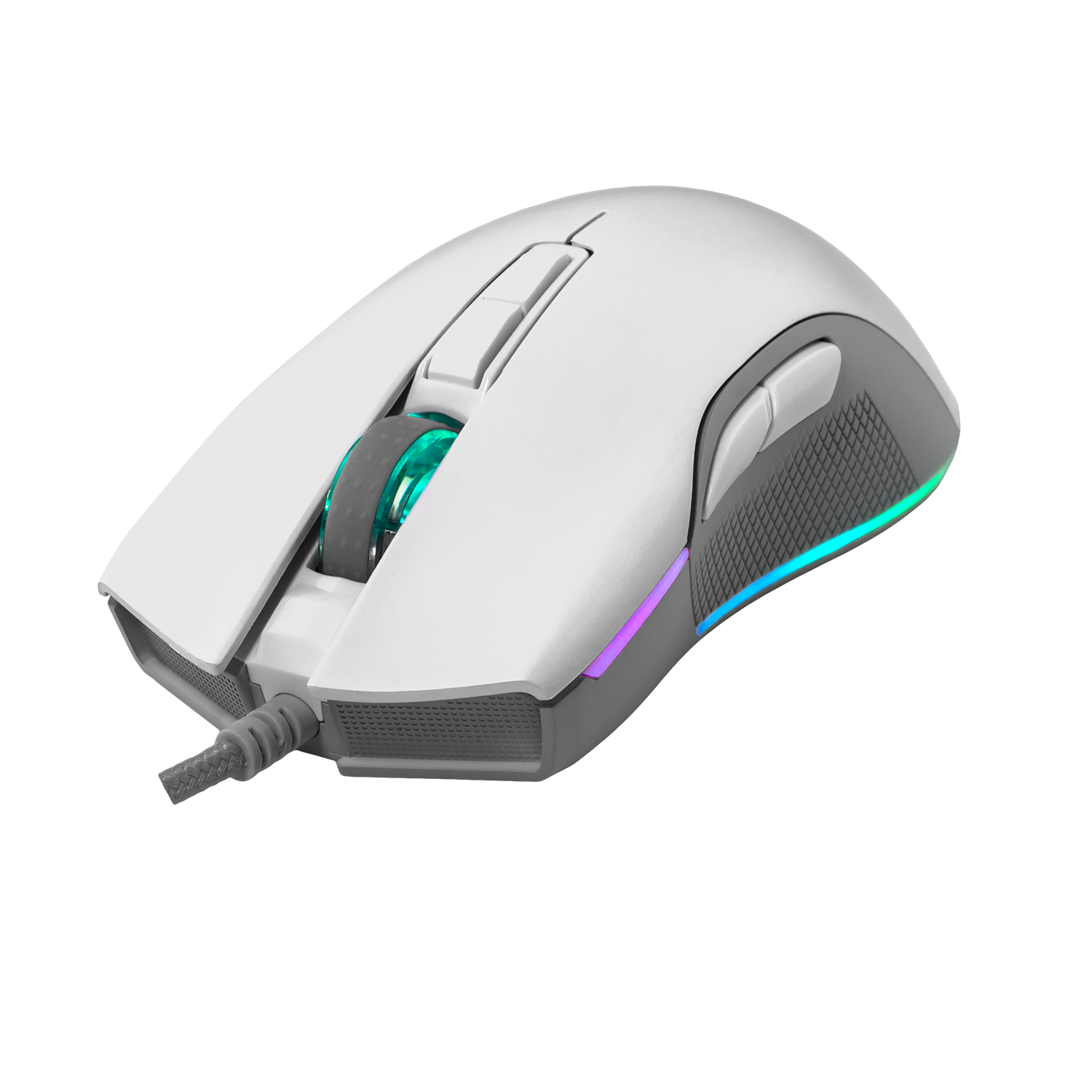 Ratón gaming blanco con iluminación RGB y cable gris.