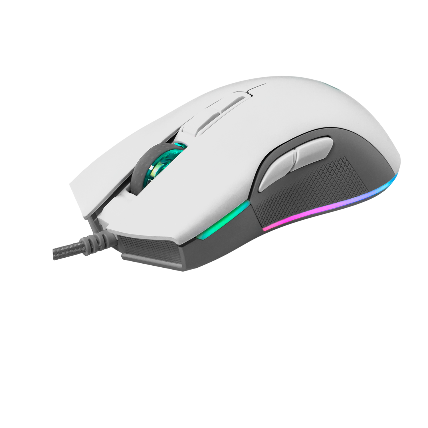 Un ratón gaming blanco con iluminación RGB y rueda gris.