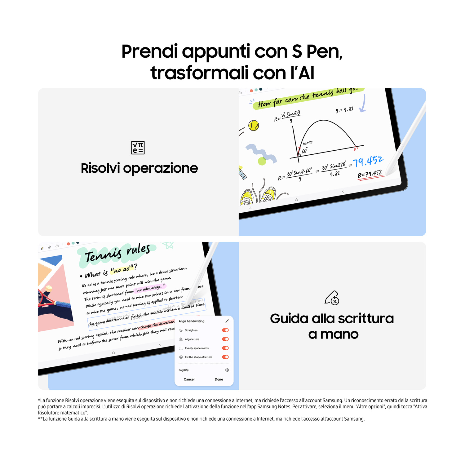 Un tablet mostra appunti di matematica, regole del tennis e strumenti per la scrittura.