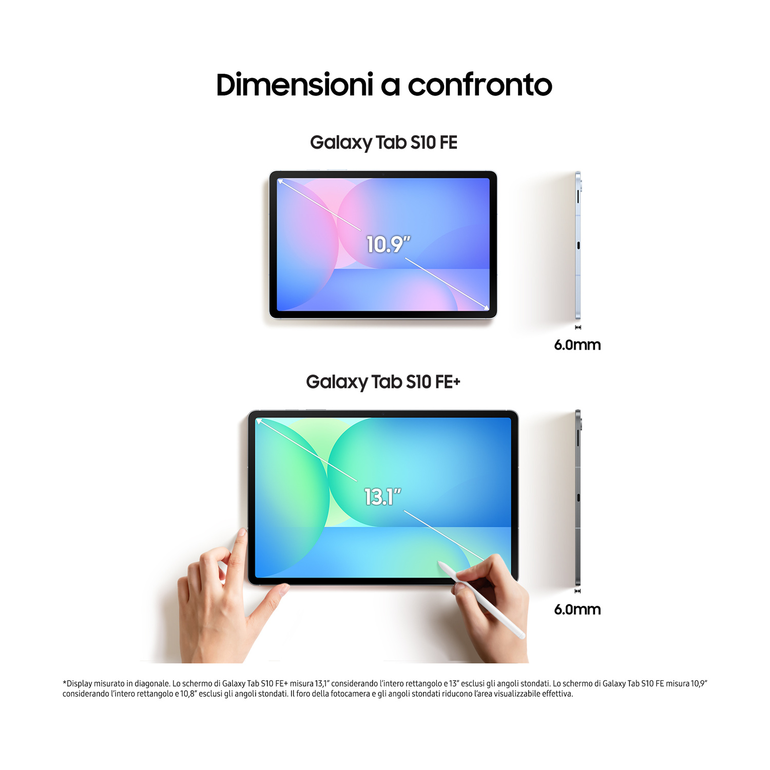 Confronto dimensioni schermi: Galaxy Tab S10 FE (10,9") e S10 FE+ (13,1").