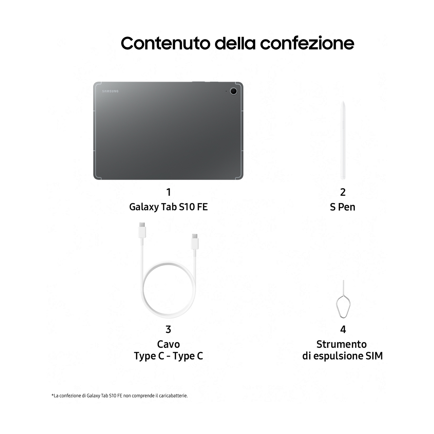 Contenuto confezione: Tablet, S Pen, cavo USB-C, strumento SIM.