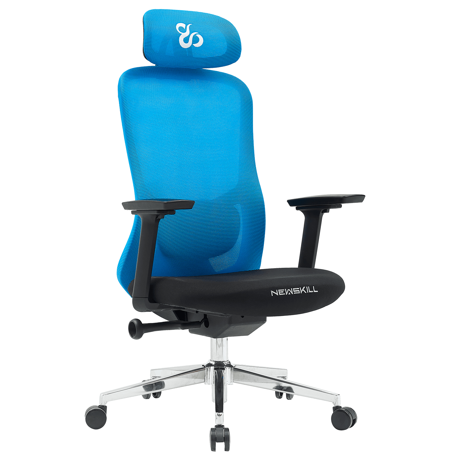 Silla de oficina ergonómica azul con respaldo de malla y reposacabezas.