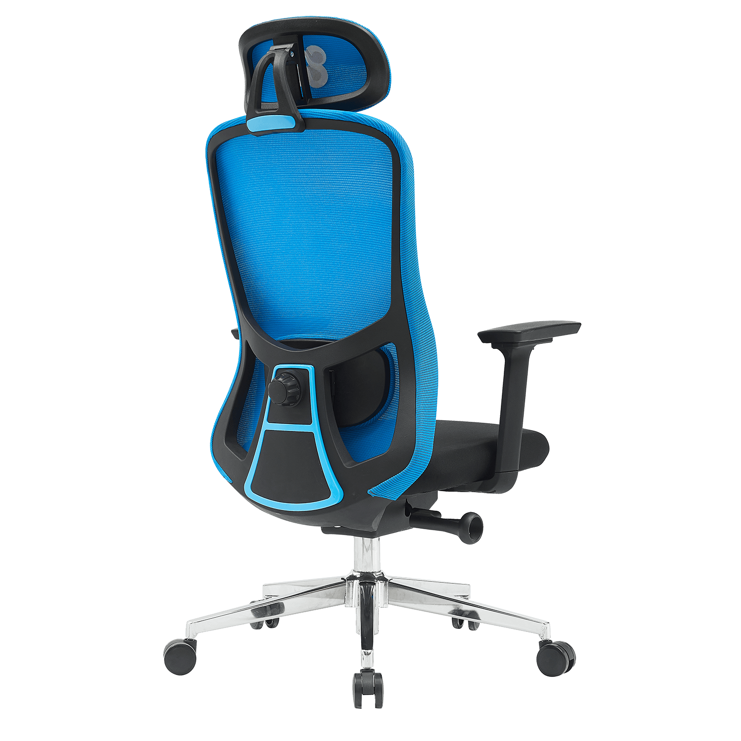 Silla de oficina de malla azul con reposacabezas, vista desde atrás.