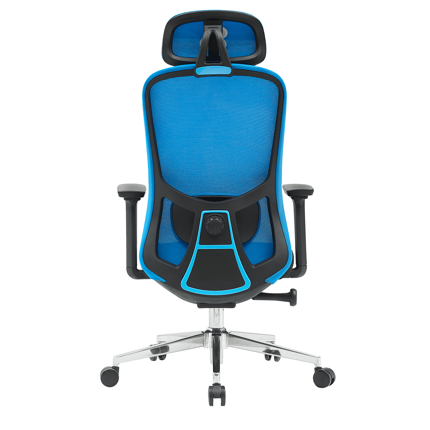 Vista trasera de una silla de oficina azul con respaldo de malla y reposacabezas.