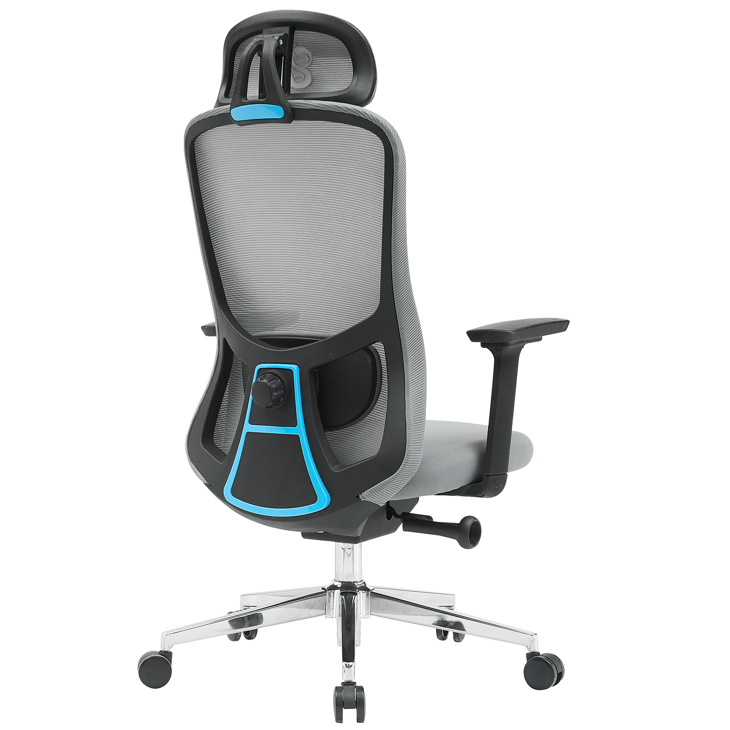Silla de oficina con respaldo de malla, asiento gris y detalles azules.