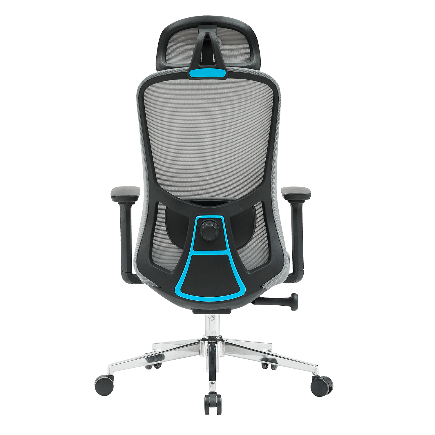 Vista trasera de silla de oficina negra con respaldo de malla y detalles azules.