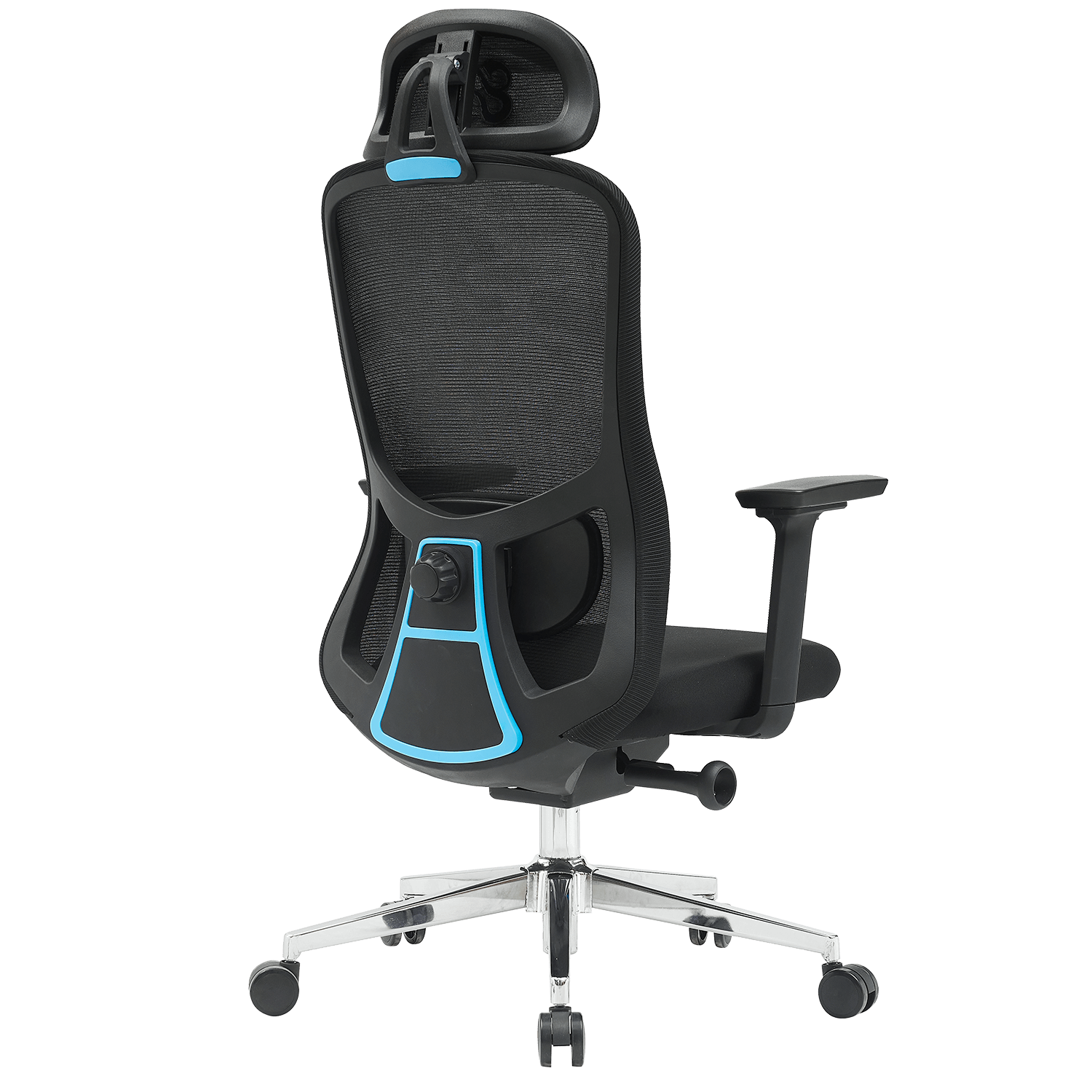 Silla de oficina ergonómica negra con respaldo de malla, reposacabezas, base plateada.